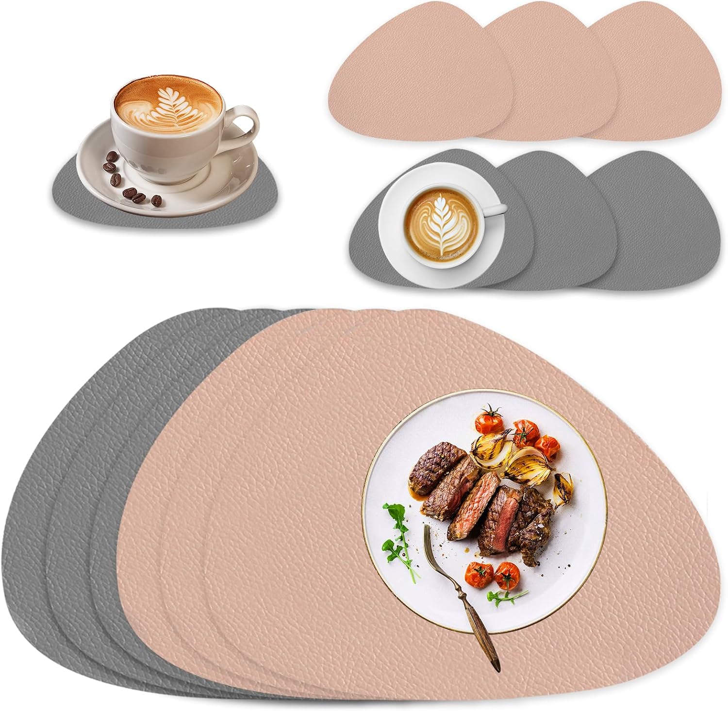 Leather Place Mats Set of 6 Washable Place Mats Washable Heat Resistant Double-Sided Waterproof Place Mats Leather Look with Table Coasters 41 x 33 cm Grey and Pink