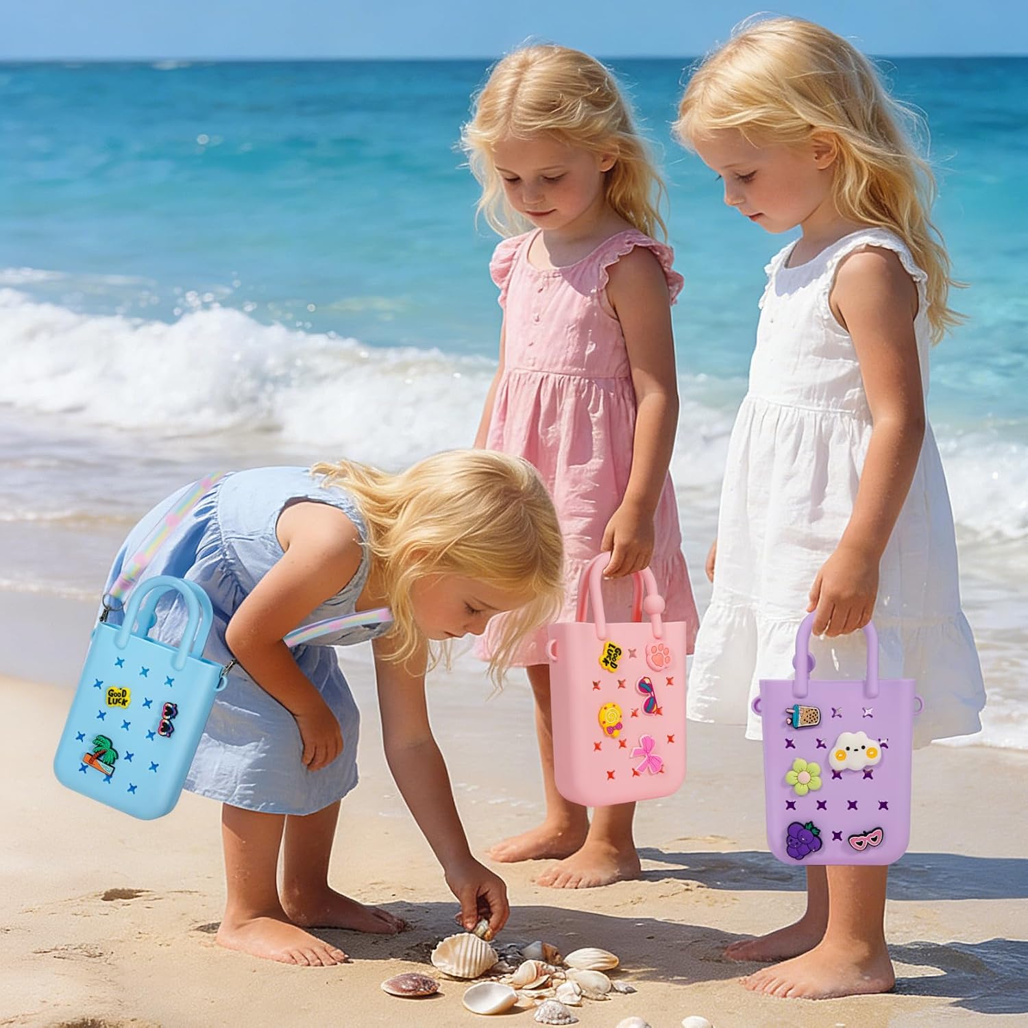 Mini Rubber Tote Bag with 20 Charms & Adjustable Shoulder Strap,Silicone Beach Tote for Little Girl & Women