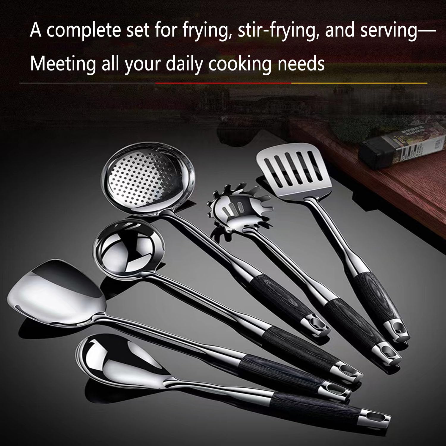 Kochbesteck-Set Küchenhelfer Set Aus 316 Edelstahl Küchenzubehör Aus Metall Inkl Suppenkelle Schaumlöffel Spaghettilöffel Und Pfannenwender Spülmaschinenfest 7-teilig