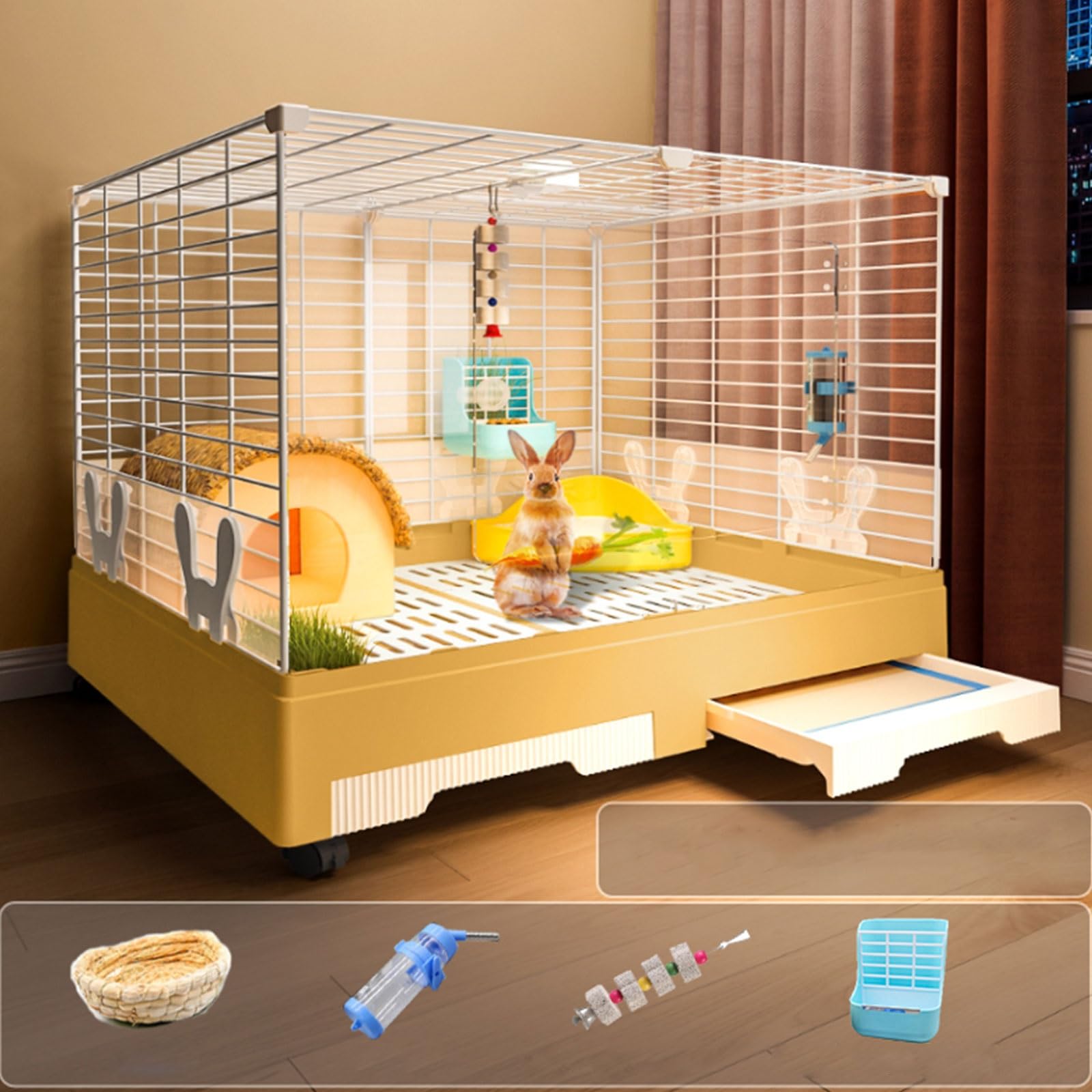 Gabbia per conigli da interni per piccoli animali, box staccabile in metallo giallo per furetti, gattini, cincillà, scoiattoli, accessori per gabbia per animali domestici fai da te