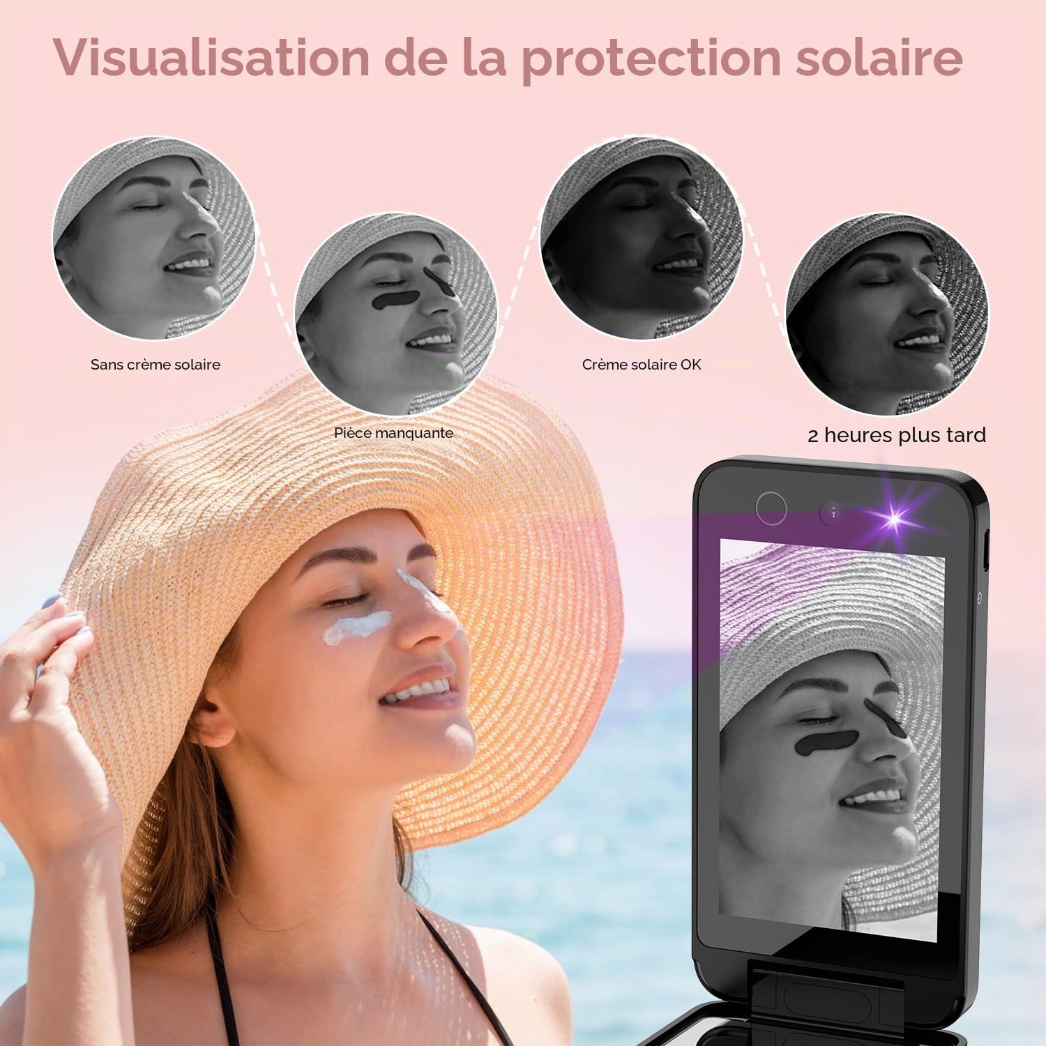Miroir UV compact et portable, miroir de courtoisie de 10,2 cm avec caméra UV pour tester la crème solaire, miroir de maquillage de voyage rechargeable, miroir de poche double face pour la protection