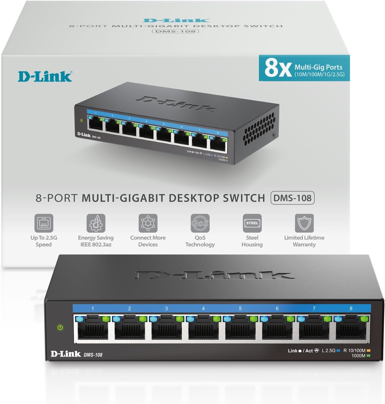 8-Port 2.5GB Unmanaged Gaming Switch with 8 x 2.5G - Multi-Gig, Desktop or Wall Mount, Silent Operation, Plug & Play, Follows NDAA/TAA, (DMS-108), Ethernet Splitter, Multi-Gigabit Network