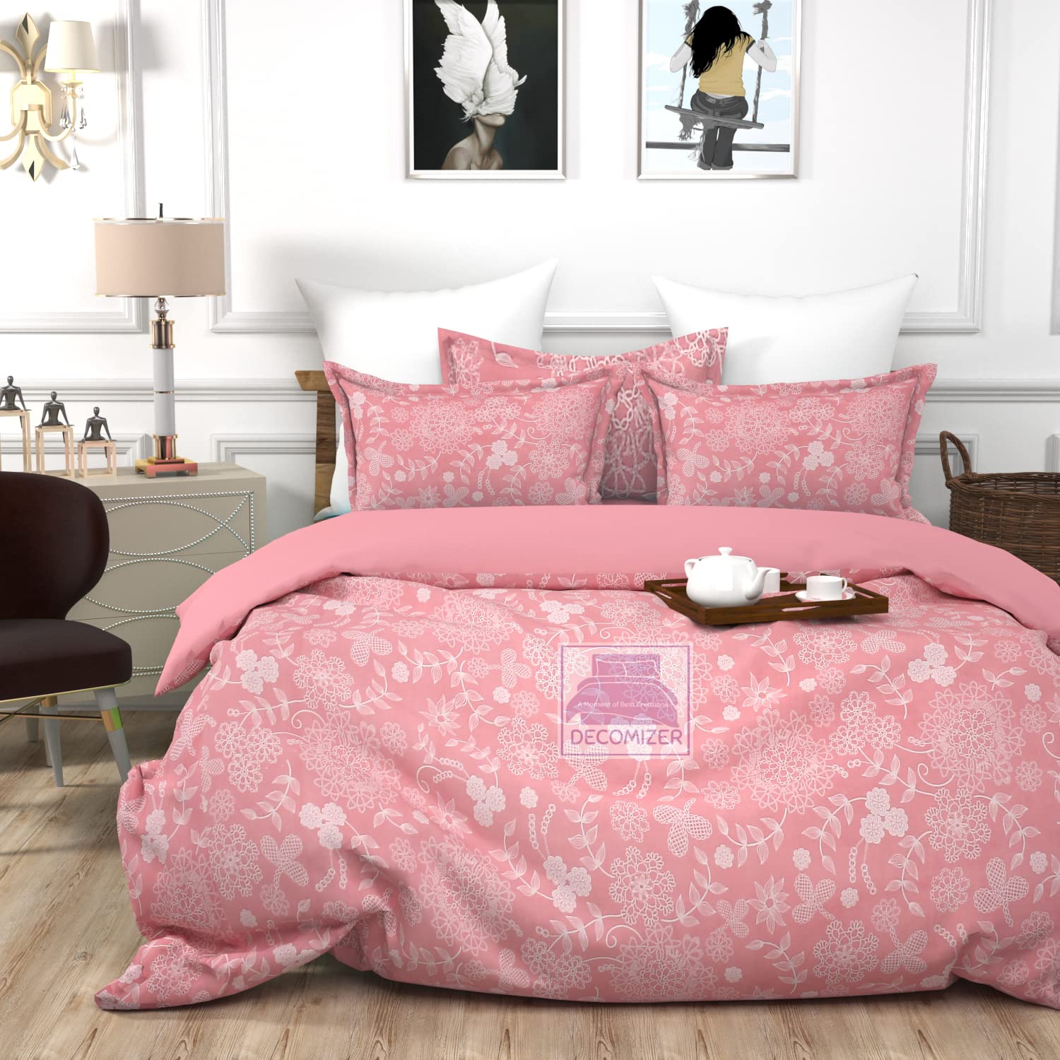 DECOMIZER XL Microfiber Soft Cotton Queen Bedsheet for Double Bed, Queen Size 90 Inches X 90 Inches, 230 X 230 cm with 2 Large Size Pillow Covers Without Joint - Pink Tri Flower