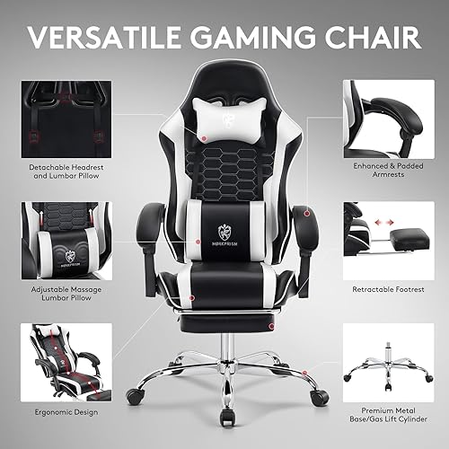 Miniatura 6 de Silla Gaming, Silla de Oficina para Computadora con Reposapiés, Soporte Lumbar de Masaje y Almohadilla de Gel, Silla Ergonómica Reclinable Ajustable