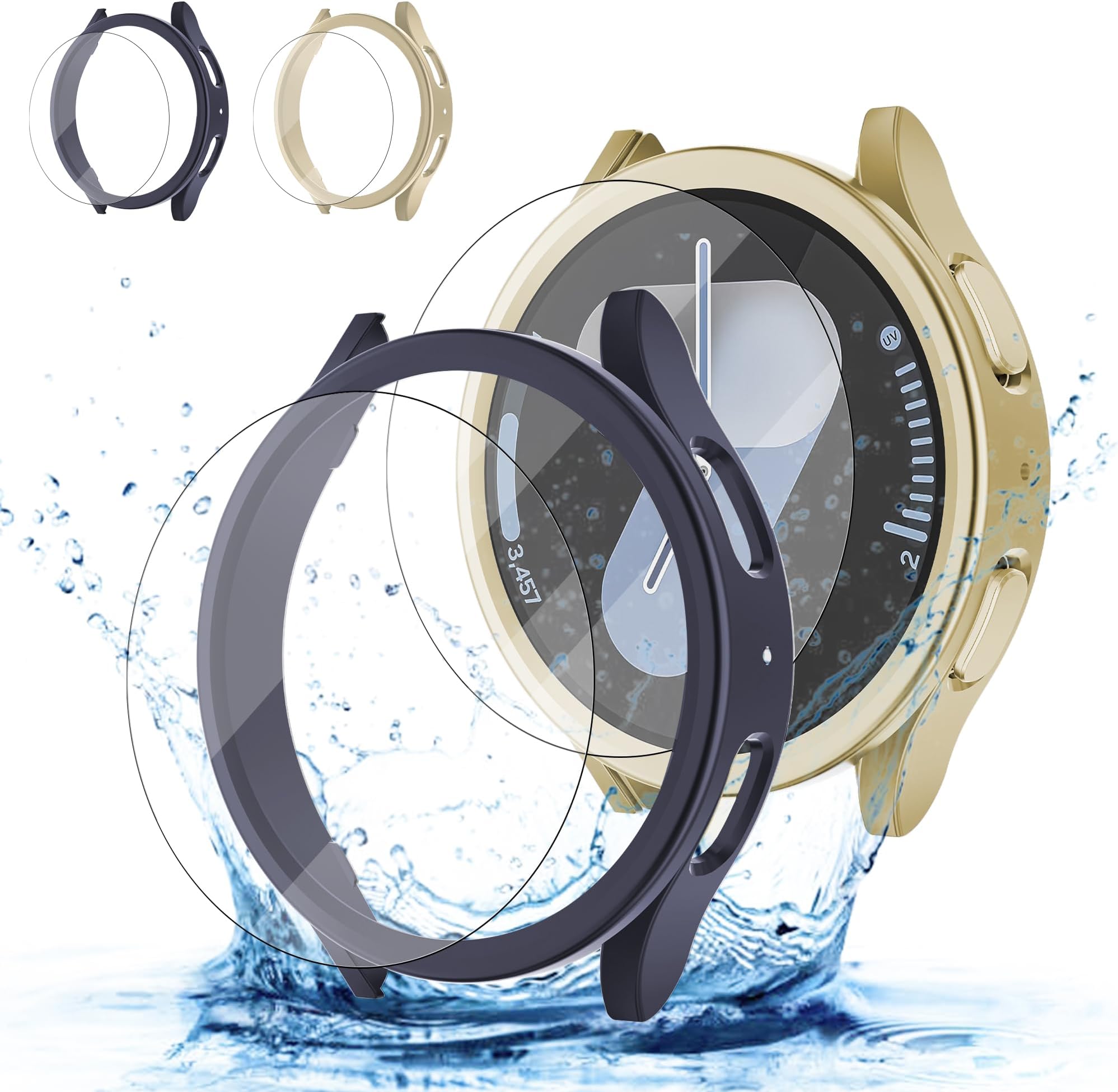 [2+2] Pack for Samsung Galaxy Watch 7 Screen Protector Case 40mm Accessories, Hard PC Bumper/HD Anti-Fog Tempered Glass Protective Film, Face Cover Set, Waterproof, Galaxy Watch 7 Case for Women Men