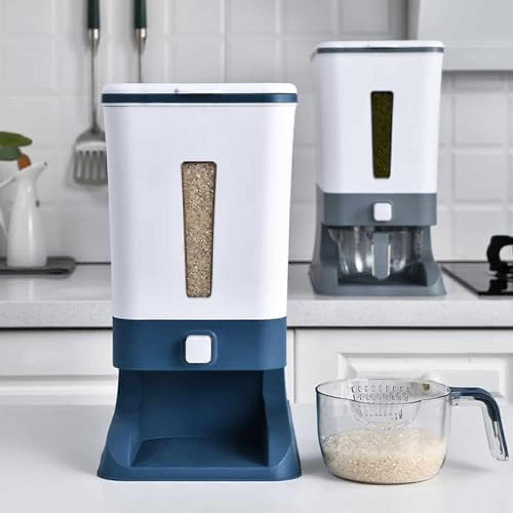 Rice bin, measuring rice bin, large capacity, rice stocker, storage, rice keeper, kitchen, rice case, stylish, rice storage container, insect-proof, moisture-proof, rice bin, measuring cup included,