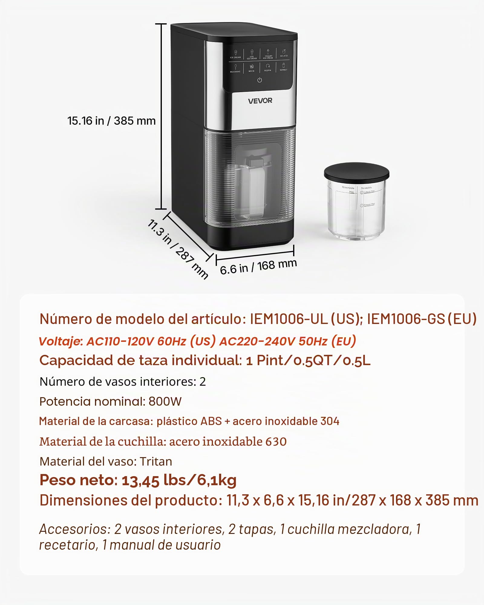 VEVOR Máquina para Hacer Helados 800 W, Heladera Casera con 7 Modos Preestablecidos, 2 Vasos de 0,5 L, Función de Mezcla con Un Solo Toque, para Preparar Gelato, Sorbete, Batido, Yogur Helado