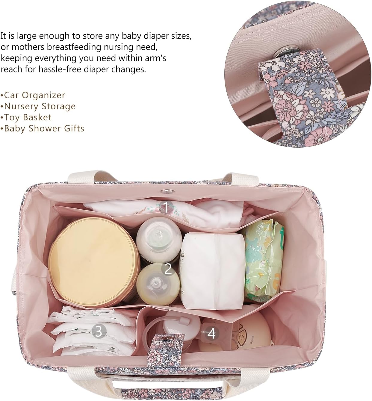 Lmbabter Baby Diaper Tote Bag Organizer Caddy Floral Mommy Bag Nappy Storage Bin for Women
