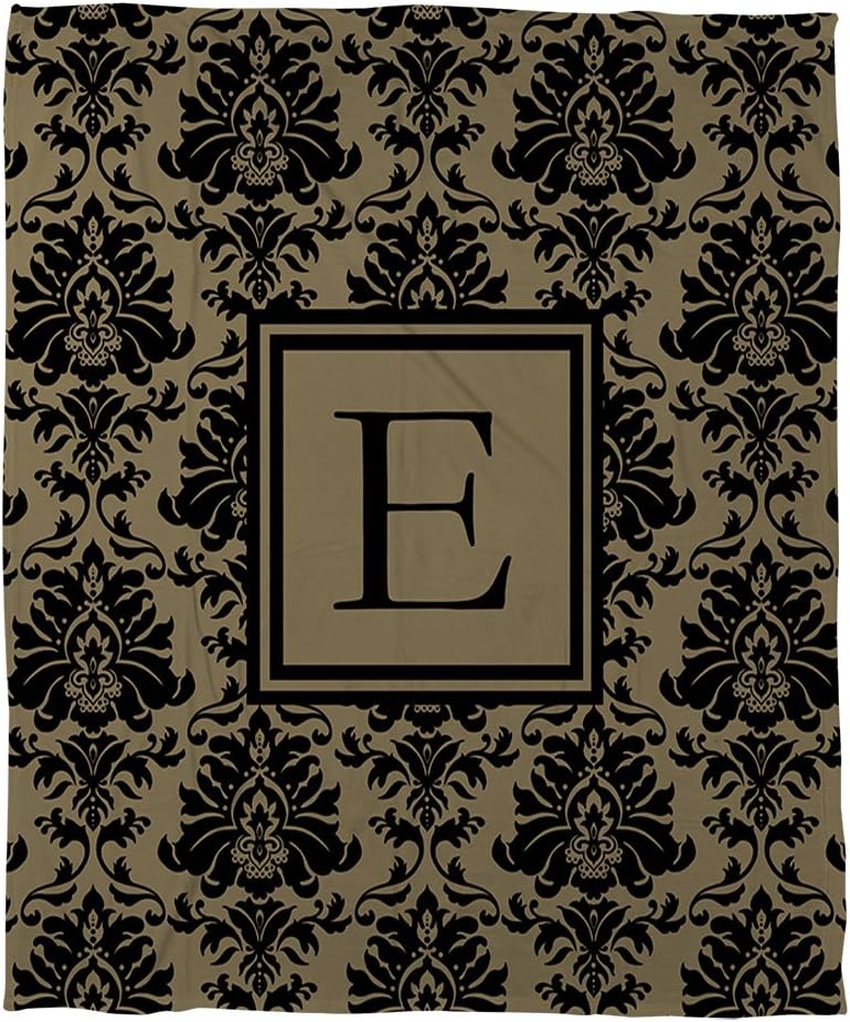 Manual Woodworkers & Weavers Coral Fleece Throw, 50 by 60-Inch, Monogrammed Letter E, Black and Gold Damask