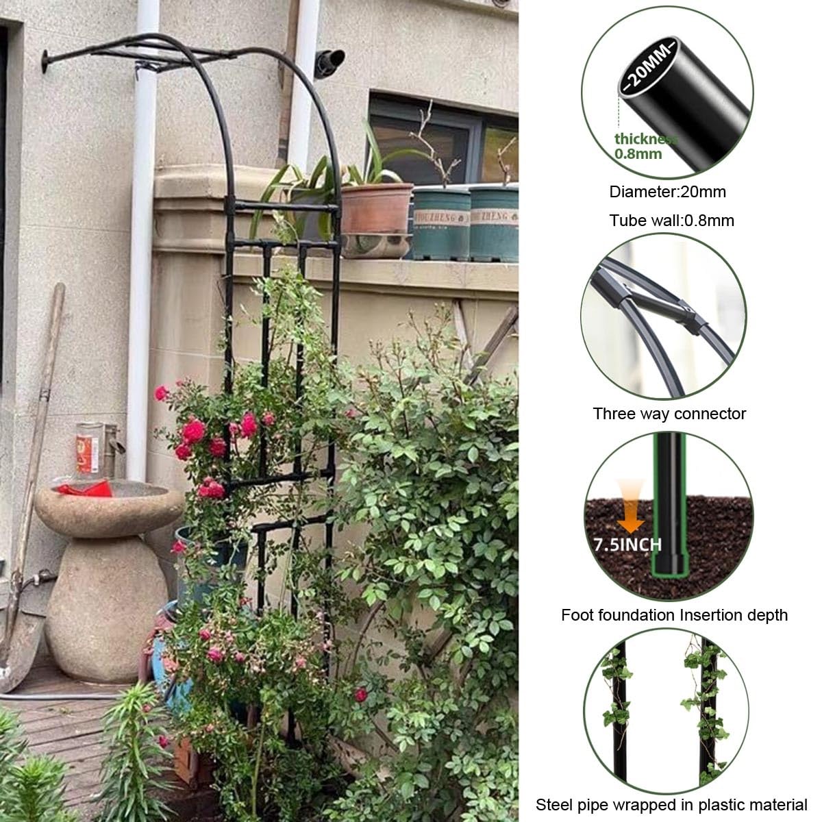 Metalowa kratka ogrodowa na róże pnące – stylowy łuk ścienny do dekoracji patio i dziedzińca (300 x 240 cm) – mocne podparcie dla winorośli i kwiatów.