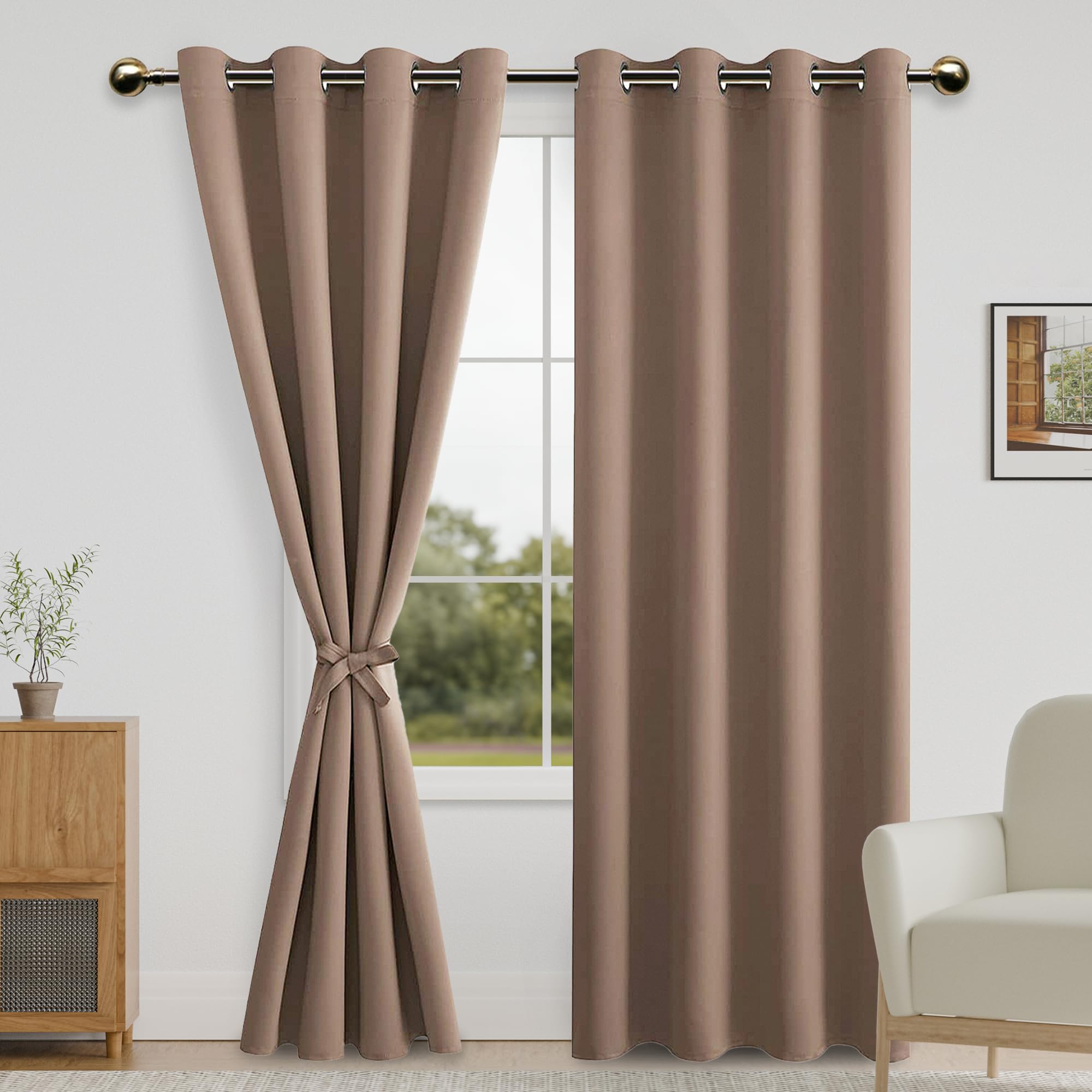 DWCN Blackout Curtains for Bedroom with Tiebacks - Room Darkening Privacy Grommet Top Window Curtains for Living Room, 52 x 84 inch Length, Cappuccino, Set of 2 Panels — image 1