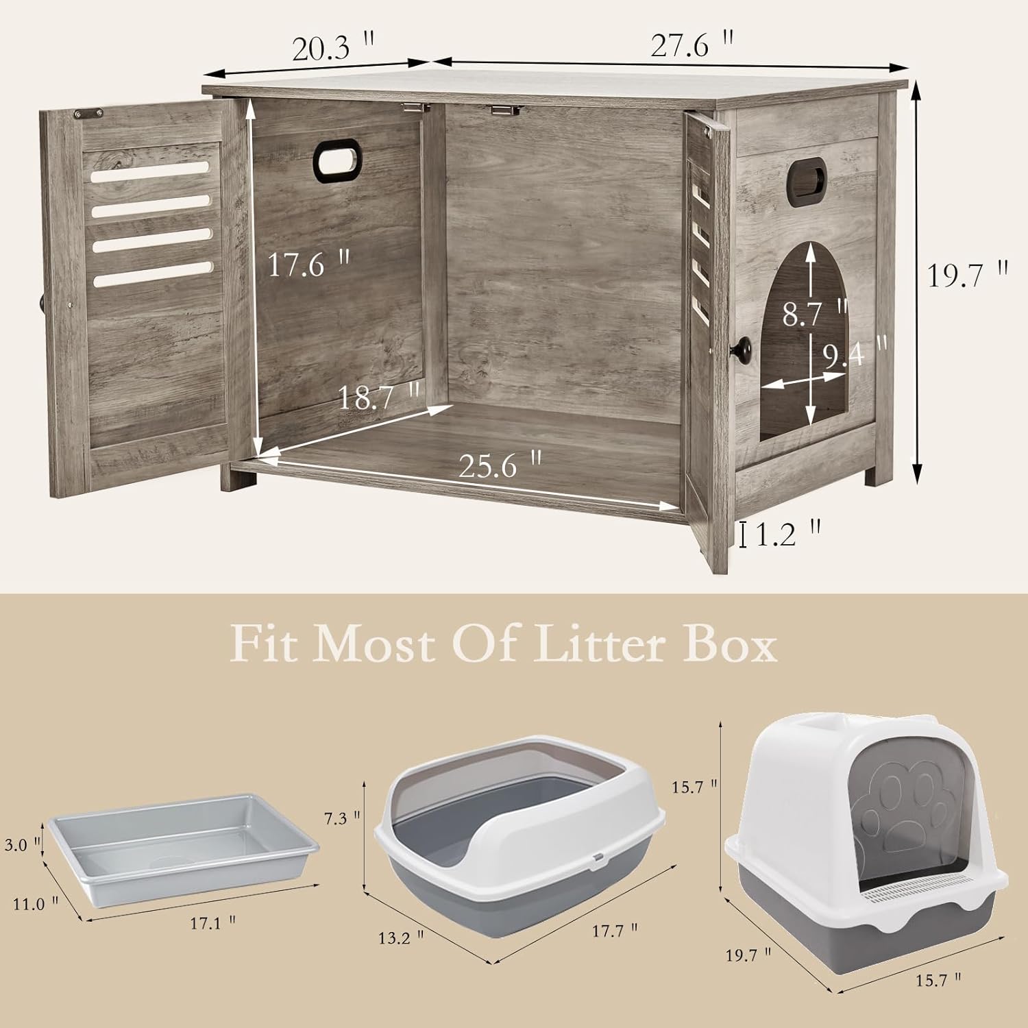 DINZI LVJ Litter Box Enclosure, Cat Litter House with Louvered Doors, Entrance Can Be on Left or Right Side, Spacious Hidden Washroom for Most of Box, Furniture Cabinet, Gray Wash