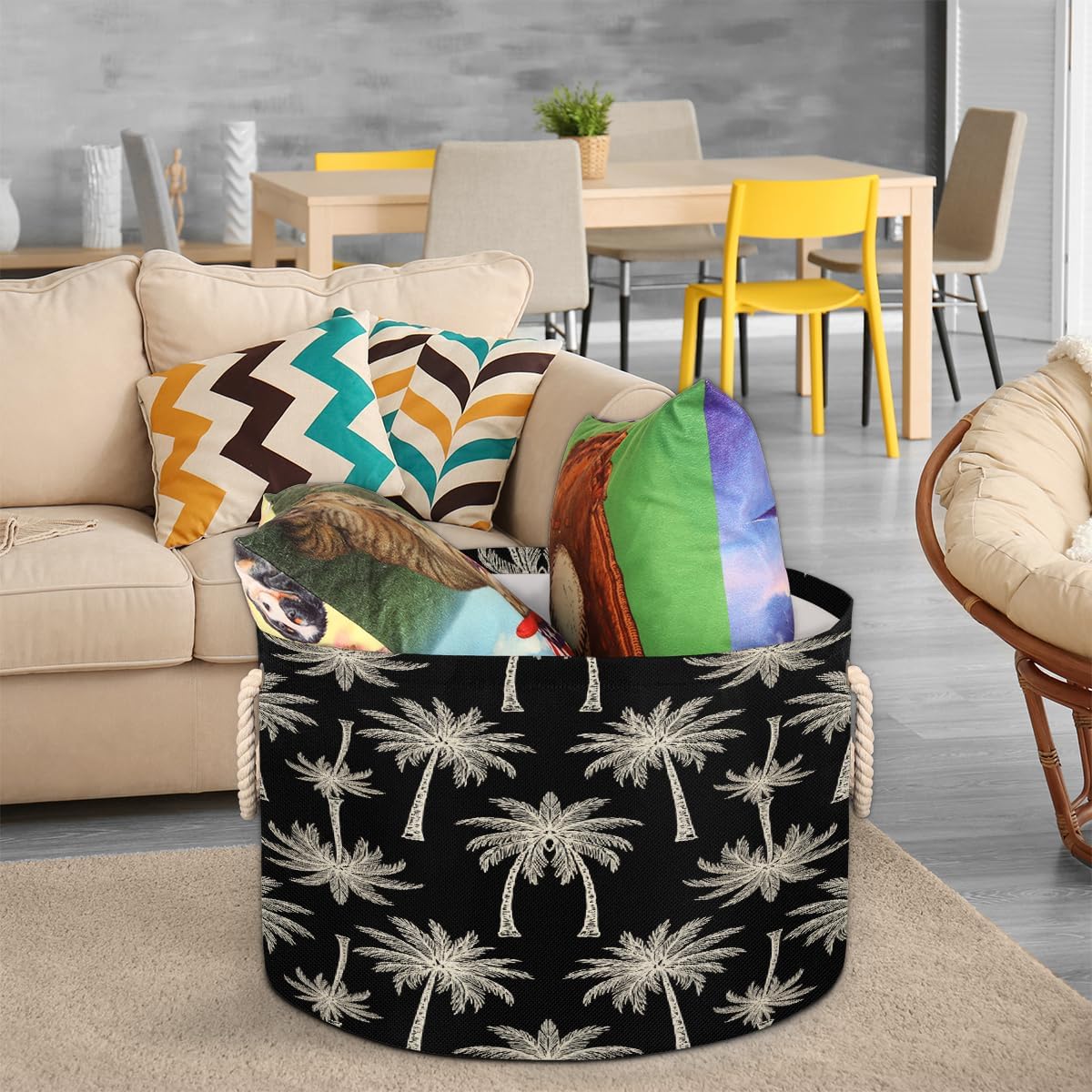 Large Storage Baskets Palm Tree Nursery Round Collapsible Organizer Bin Box, Laundry Hamper for Kids Toys, Blanket, Bedroom Living Room Home Decor, Gift Basket, 19.4"x13.3"