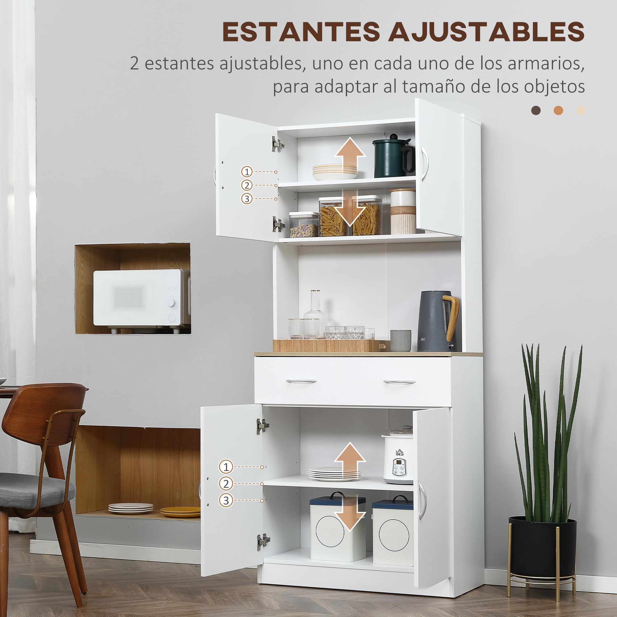HOMCOM Alacena de Cocina Mueble Auxiliar de Cocina con Puertas Cajón y Estantes Ajustables Antivuelco para Comedor Salón 80x40x180 cm Blanco