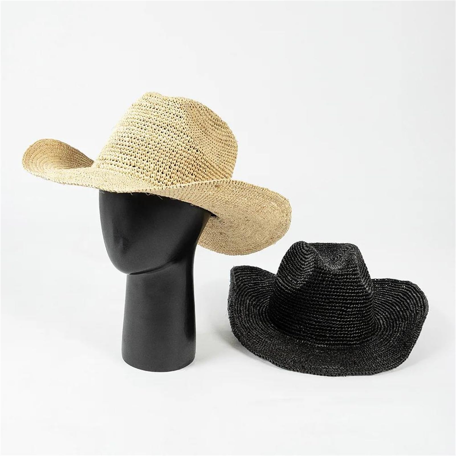 Sombrero de vaquero de rafia de ganchillo informal para primavera y verano para mujer, con ala rizada, sombrero de paja para el sol