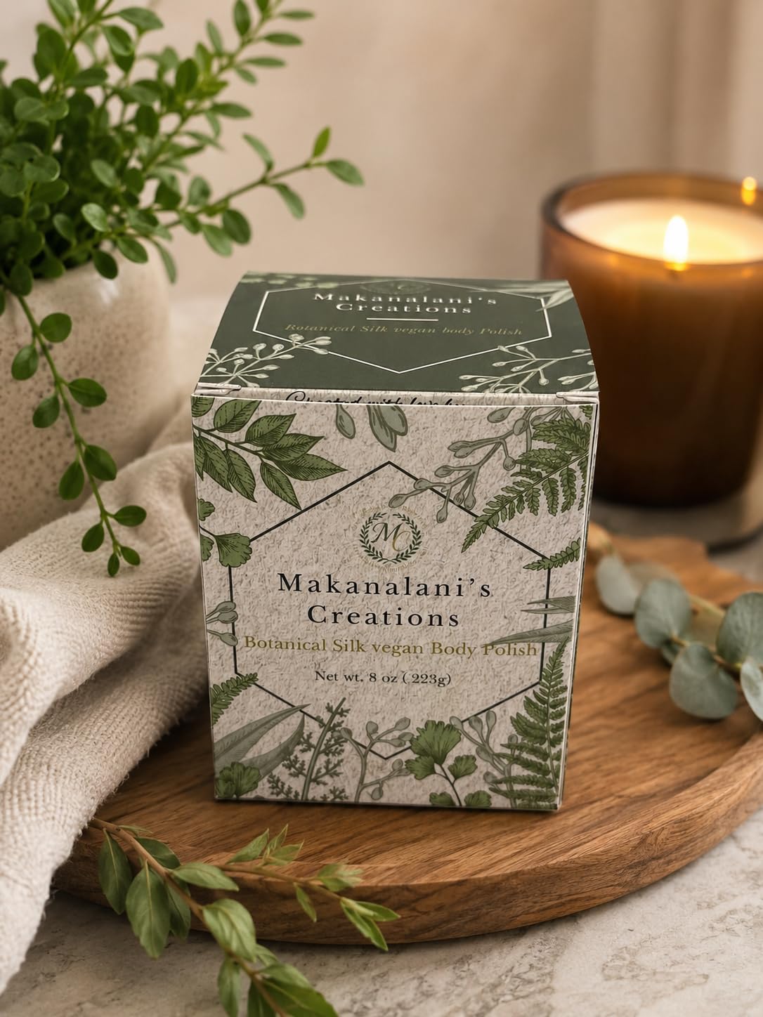 Makanalani's Creations Botanical Silk Vegan Body Polish, with Chamomile, Green Tea and Spearmint, 8 oz