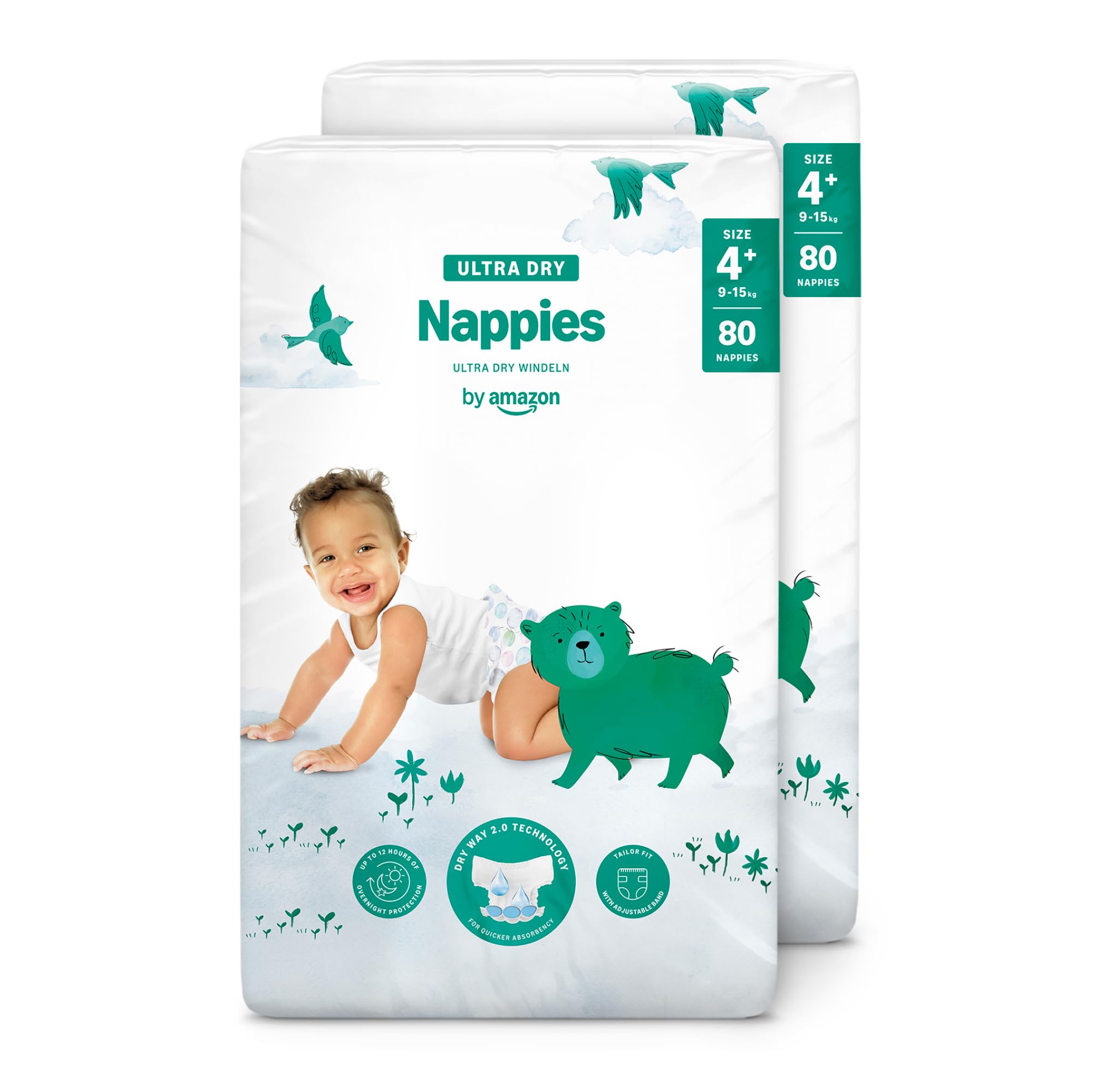 By Amazon Pannolini ultra asciutto - Taglia 4+ (9-15 kg)- Con canali d'areazione, Bianco, 160 Unità (2 confezioni da 80) - Nuova versione (Precedentemente un marchio Mama Bear brand, stesso prodotto)