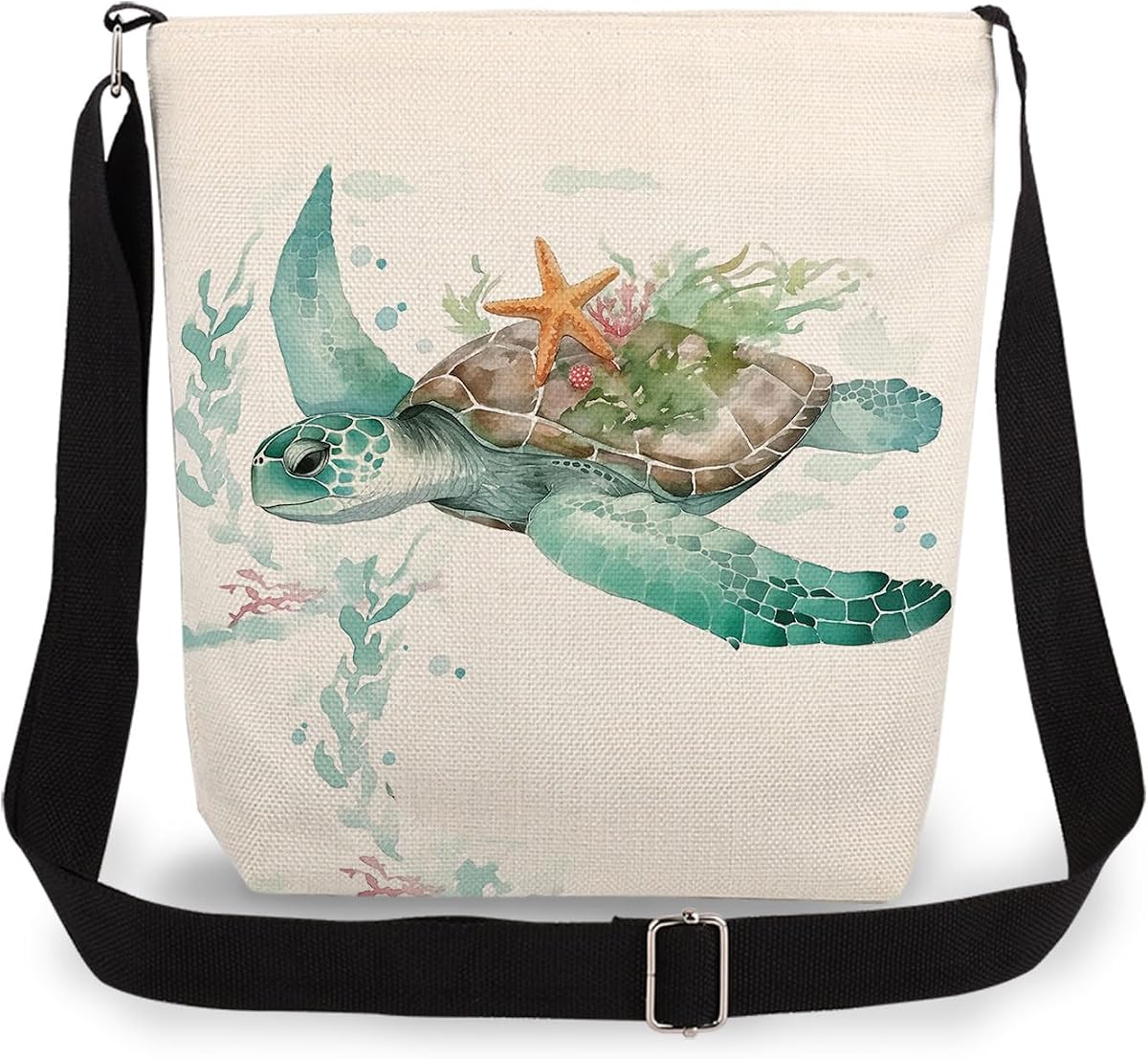 Watercolor Sea Turtle Double-sided Printed Messenger Bag | Sling Crossbody Bag, Adjustable Strap Shoulder Purse with Zipper, Watercolor Sea Turtle Present for Women