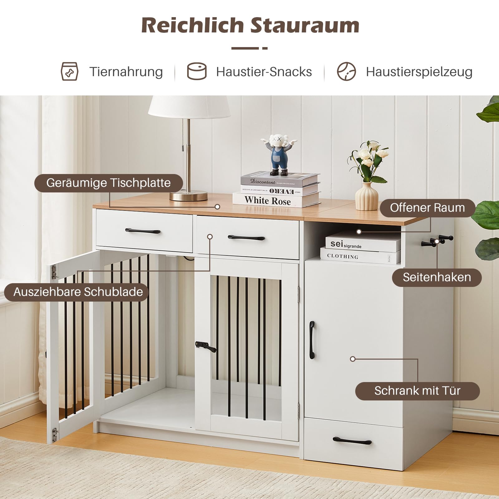 TUKAILAI Hundekäfig Möbel mit Schublade, Futterstation mit Rädern, Robuste Hundebox für kleine, mittelgroße und große, Zuhause Indoor, 116 x 55 x 86 cm