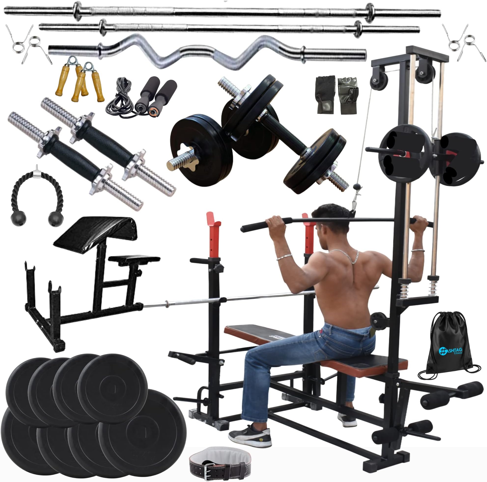 - HASHTAG FITNESS 20In1 Decline Gym Bench Press Gym Equipment For Home With 50Kg Rubber Equipments For Home With Preacher Bench (30),Black