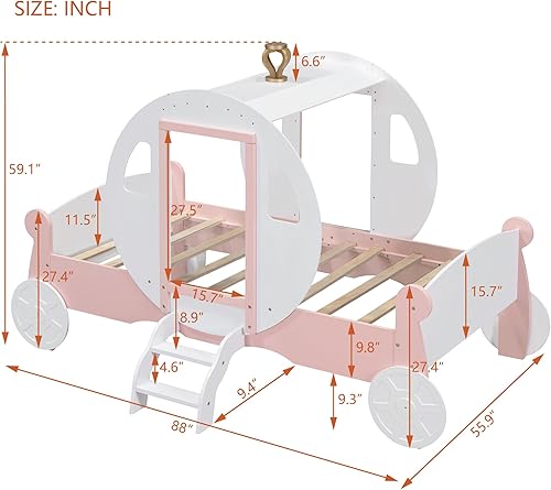 Miniatura 2 de Cama de tamaño individual en forma de automóvil con techo, marco de cama de piso de madera con diseño de ruedas y puertas, divertido diseño de juego