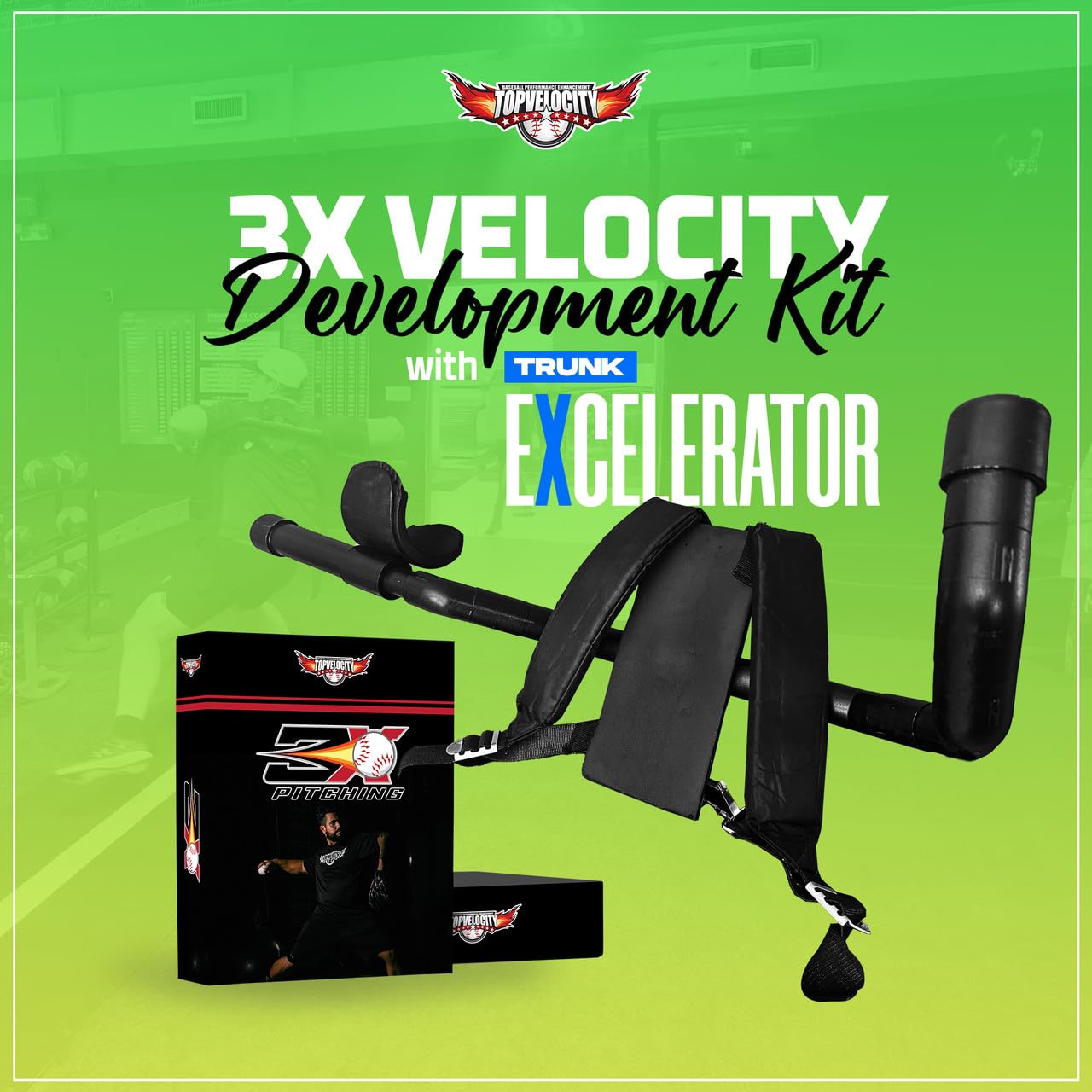 TopVelocity 3X Velocity Development Kit with Trunk Excelerator - Baseball Performance Trainer, Harness Trunk Power for Increased Pitching Velocity - Suitable for 8U and Above