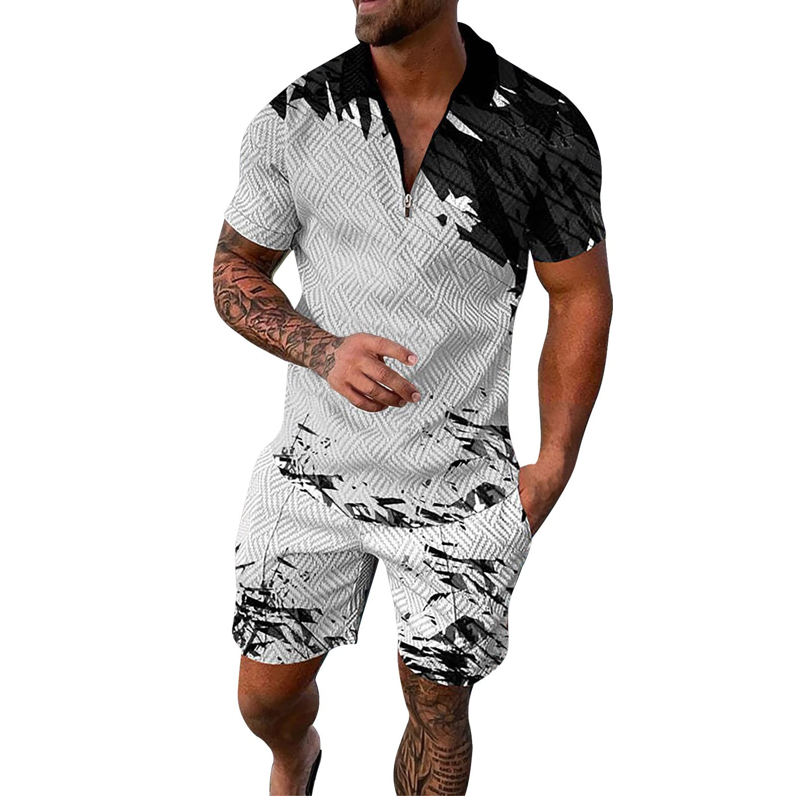 OUAPPA Conjuntos de Camisa y Pantalones Cortos Casuales de Manga Corta para Hombre Trajes de Verano de Dos Piezas Conjunto de chándal con Cremallera Traje Bautizo Hombre