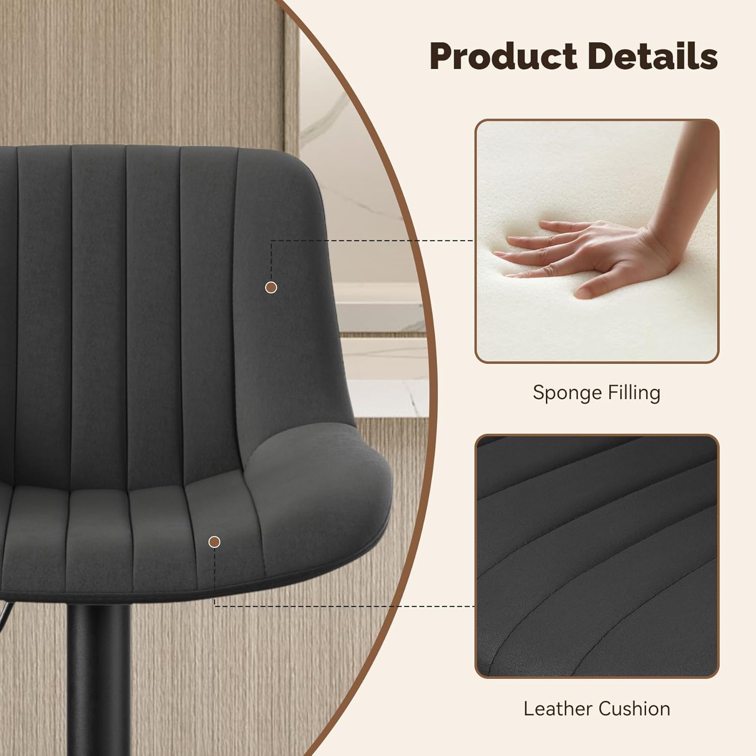 Nalupatio Bar Stools Set of 2, Adjustable Modern Swivel Bar Stools with Backs, Counter Height Performance Fabric Island Chairs for Home Kitchen, Black