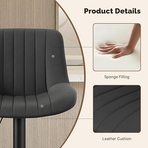 Miniatura 6 de Nalupatio Juego de 2 taburetes de bar, taburetes de bar giratorios modernos y ajustables con respaldo, sillas de isla de tela de rendimiento de