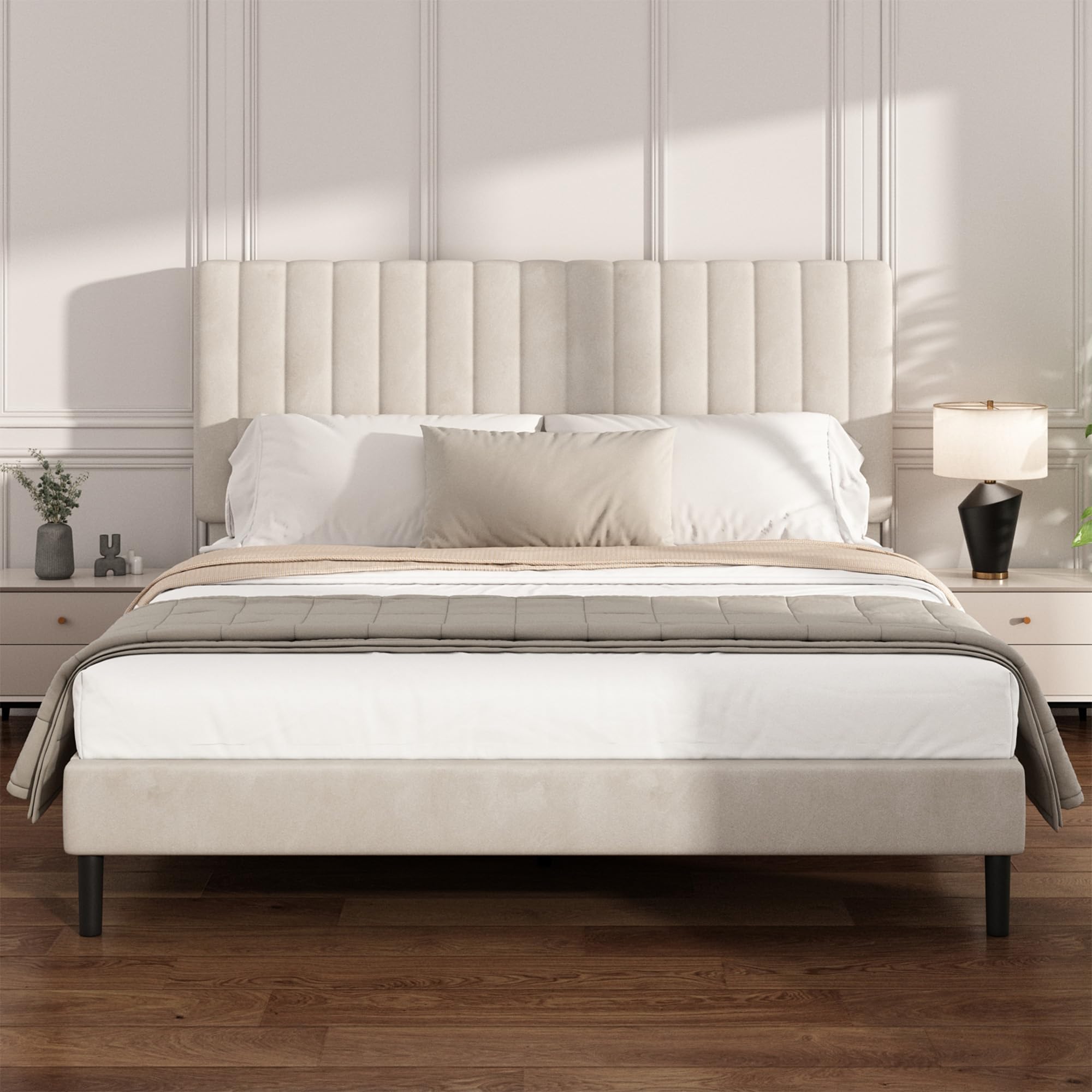 King Size Platform Bed Frame with Vertical Channel Tufted Headboard No Box Spring Needed Noise-Free Easy Assembly Beige