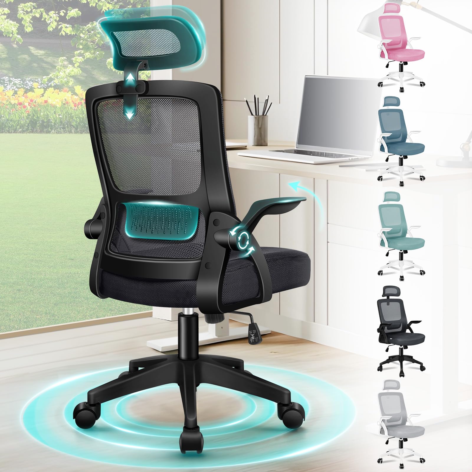 ALFORDSON Silla Escritorio Ergonómica con Reposabrazos Abatibles,Sillas Oficina Ejecutiva con Ajustable Reposacabezas,Cadeira Malla Idea Oficina,Casa,Recepción,Reuniones, Soporta 180kg(Negra)