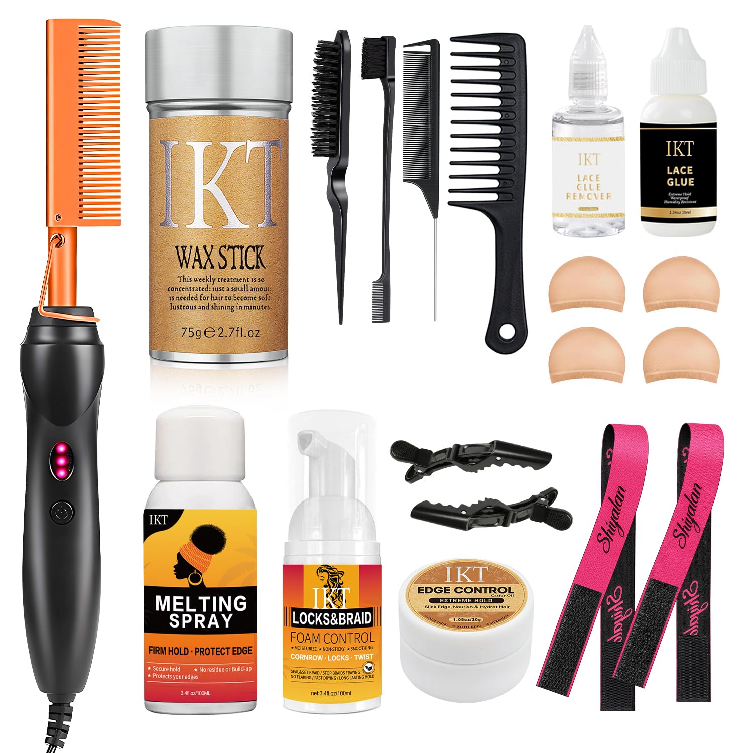 Hot Comb Set, Electric Hair Straightener Comb Curling Iron for Natural Black Hair Wigs Pressing Combs with Wig Glue Hair Wax Stick Set, Rat Tail Comb ＆Salon Clips