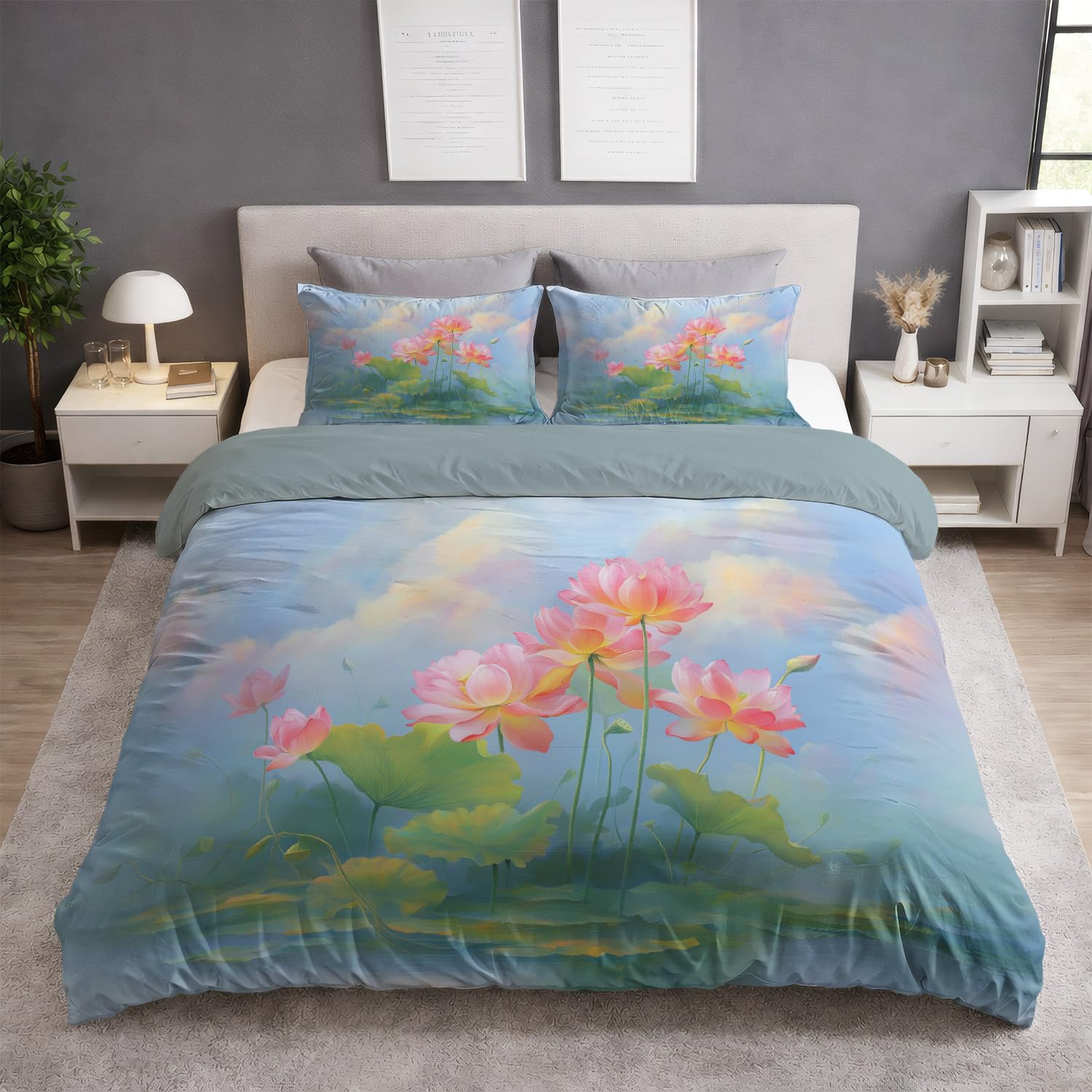 Generisch Pościel 155 x 220 cm, dla alergików, na 4 pory roku, miękka i nie wymaga prasowania, zestaw pościeli z motywem kwiatów, różowy lotos, elegancki wzór