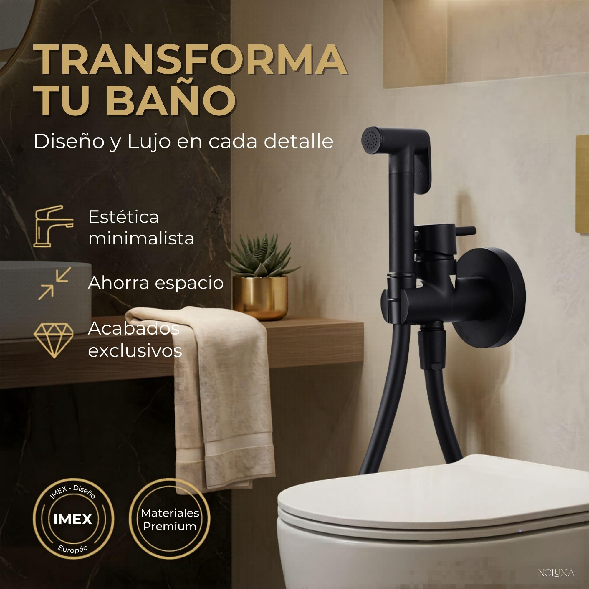 IMEX - Ducha Bidet Agua Fría y Caliente Color Negro Mate | Grifo Bidet Empotrado para WC | Ducha Higiénica Monomando para Inodoro | Grifería Sustituto de Bidé | Serie Munich