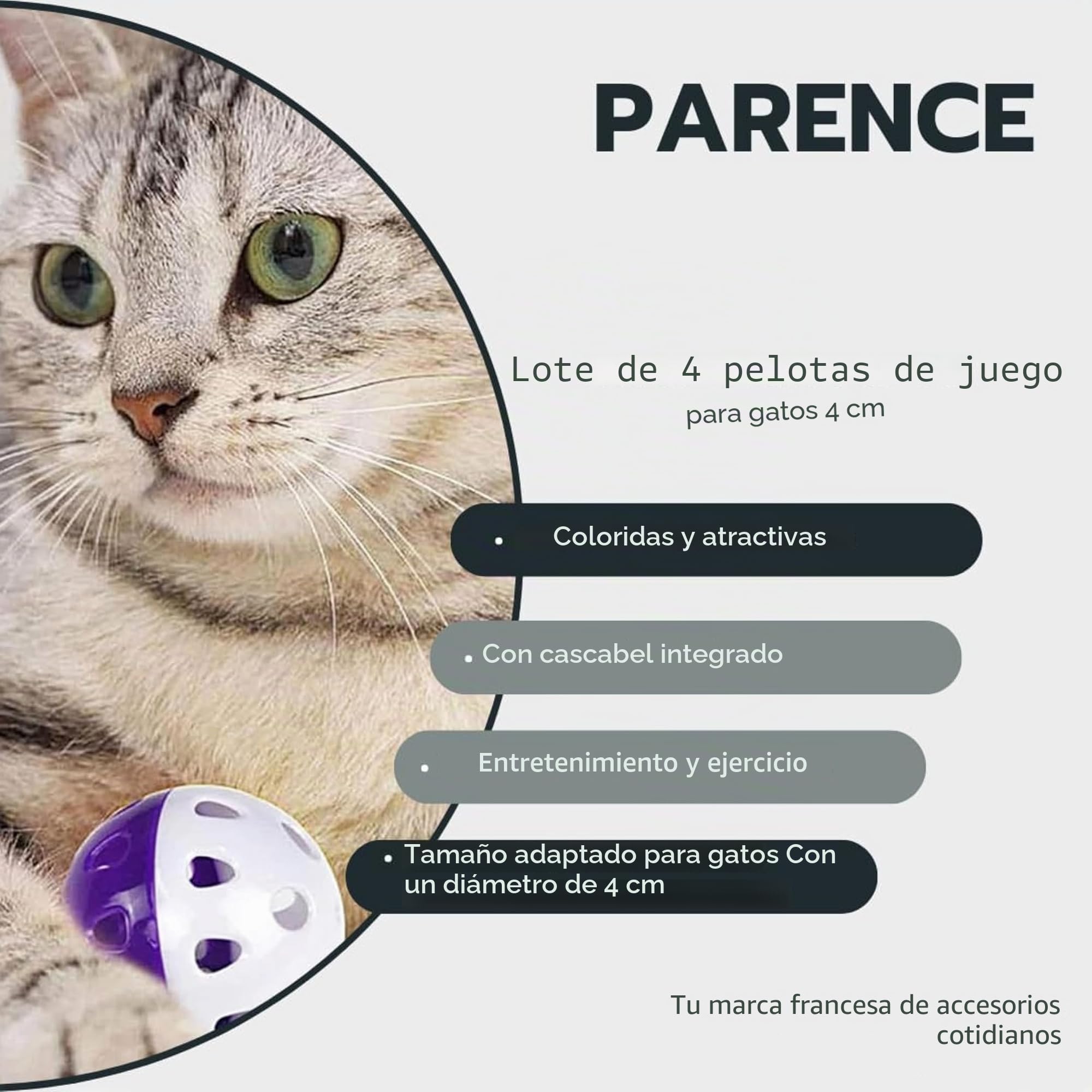 PARENCE - Set de 4 Pelotas de Juego para Gatos 4 cm – Juguetes Interactivos con Campana – Accesorio para Diversión y Ejercicio Gatito y Gato Adulto