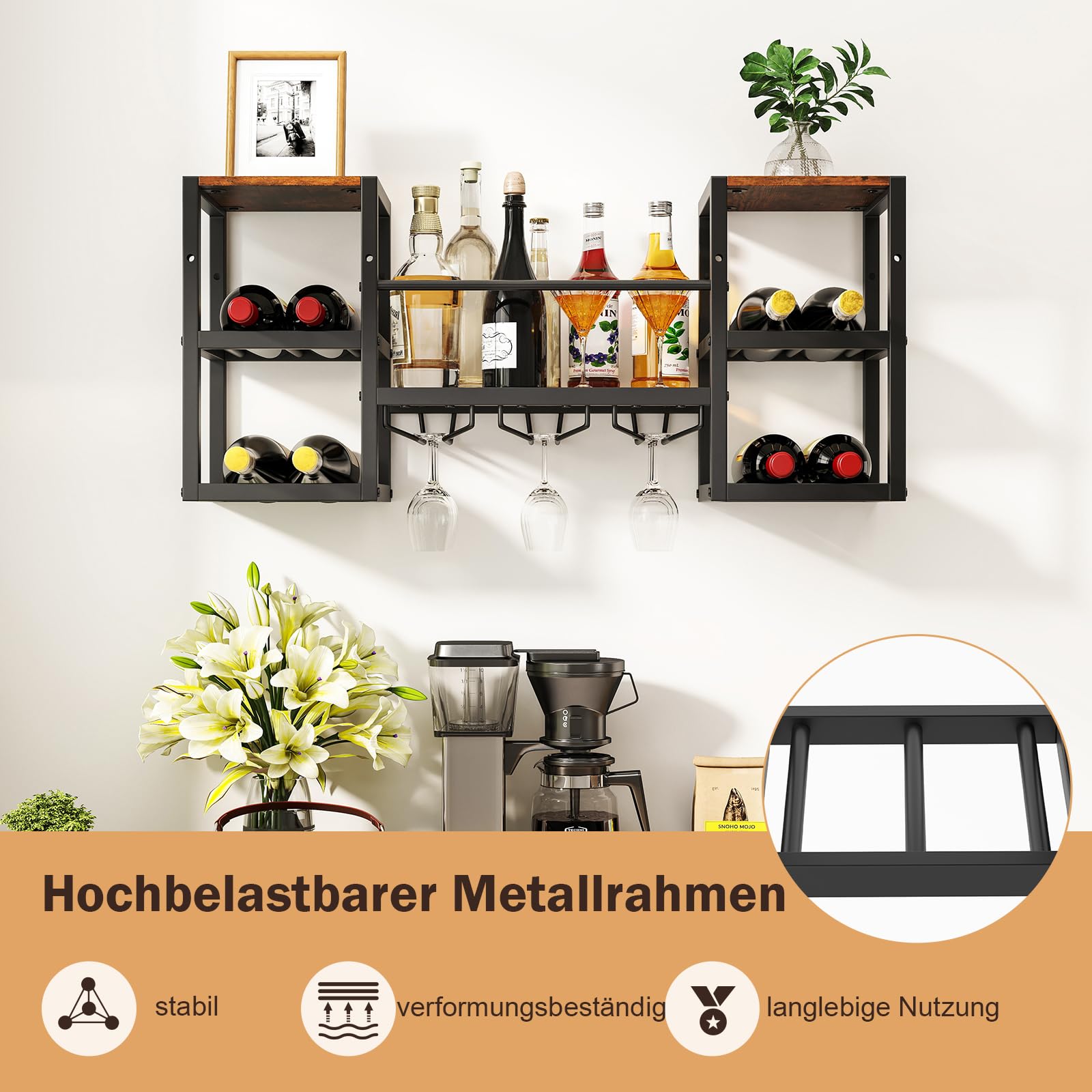 GOPLUS Regał na wino, wiszący regał na butelki z uchwytem na szklanki i otwartymi półkami, uchwyt na butelki z metalową ramą i stylem industrialnym, do kuchni, baru, jadalni, 89 x 25 x 40 cm