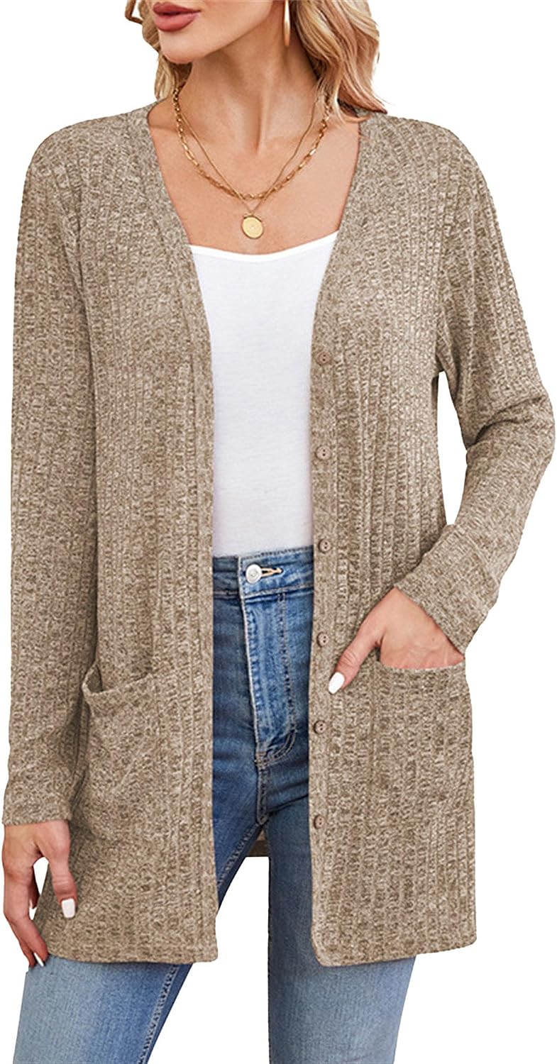 Long Cardigans for Women Open Front Button-Down Long Sleeves Outwear Lightweight Fall Sweaters with Pockets