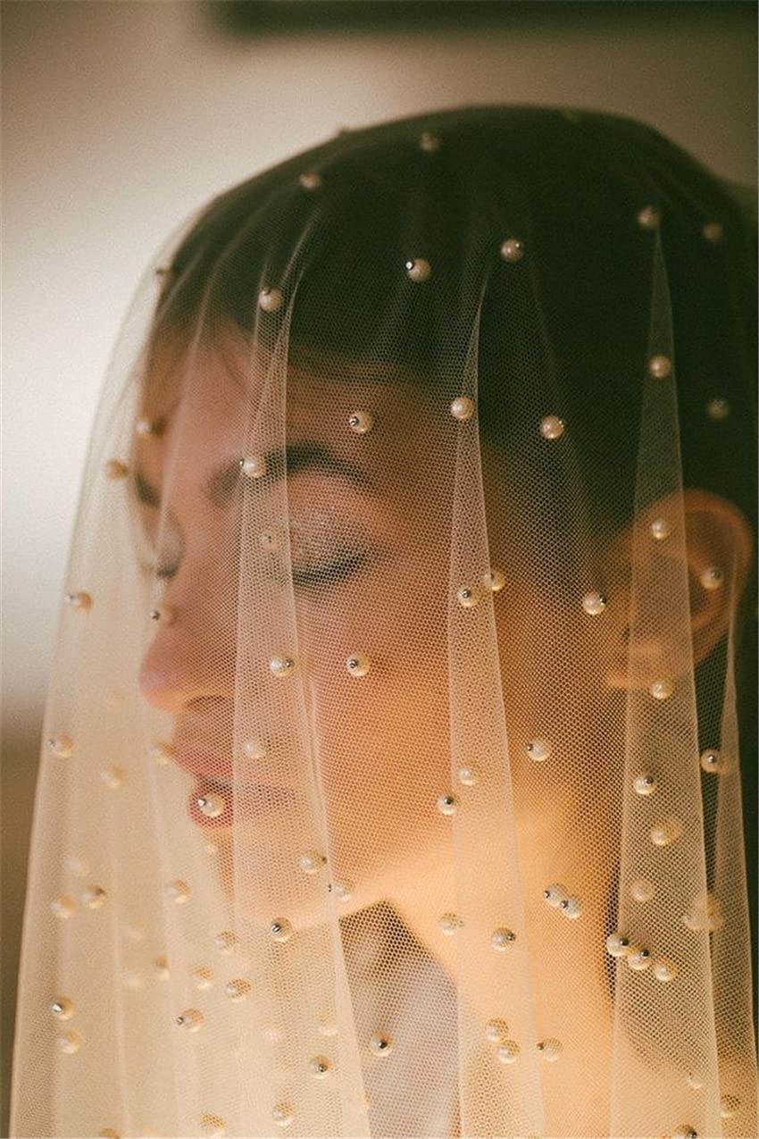 SINRAD 2/3M*1.6M Pearl Wedding Veil With Blusher - 2 Tiers Drop