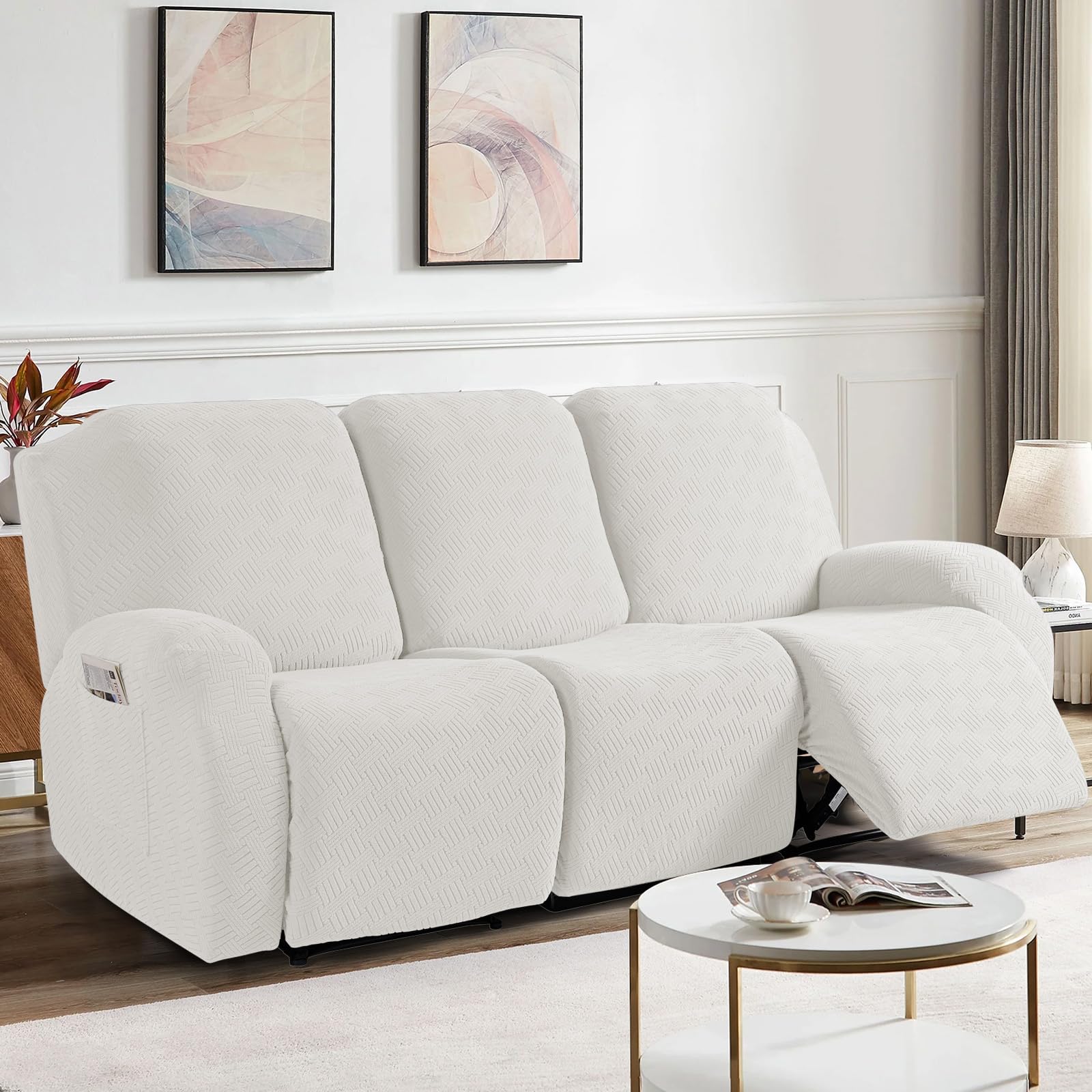 KinCam Jacquard Recliner Chair Cover, Stretch Sofa Slipcover with Armrest & Pocket, Soft Couch Cover Sofa Protector for Dogs & Pets, Washable Armchair Cover (3 Seater, Cream)