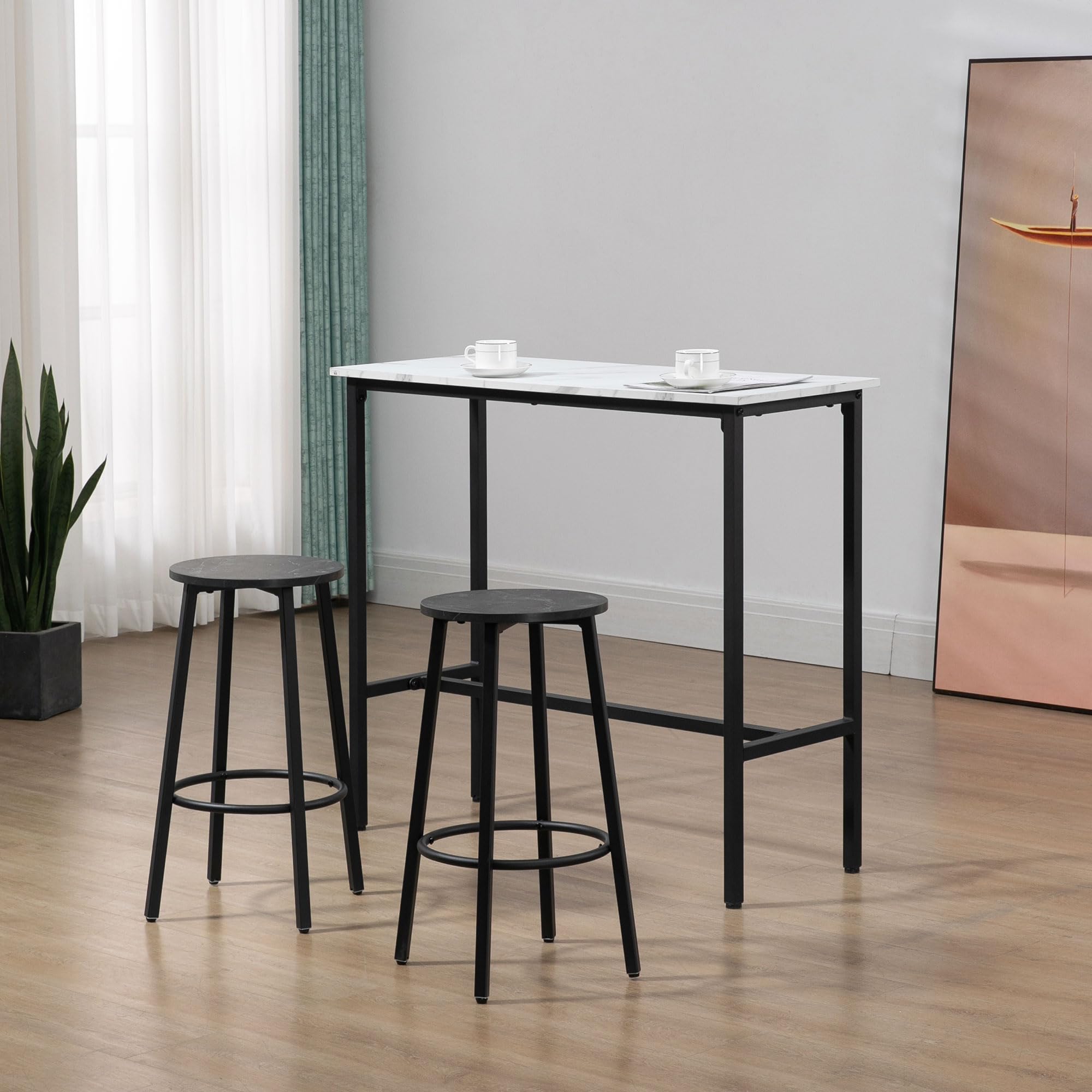 HOMCOM Juego de Mesa de Comedor con 2 Taburetes 3 Piezas Blanco y Negro | Mesa Alta de Bar Redondo, Marco de Acero, Estilo Moderno, para Cocina Salón
