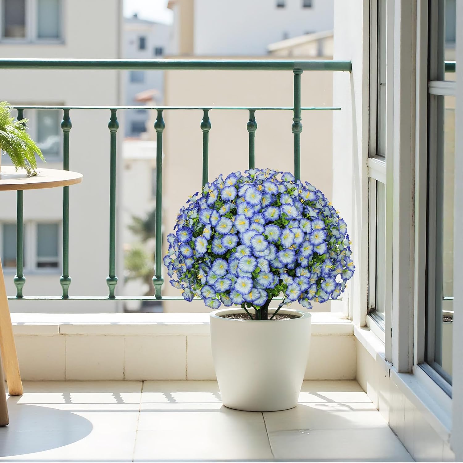 24" Artificial Potted Plants Outdoor Set of 2, UV Resistant Faux Blue Flowers with Eucalyptus, Decorative Plants in Pots for Front Porch, Patio & Entryway