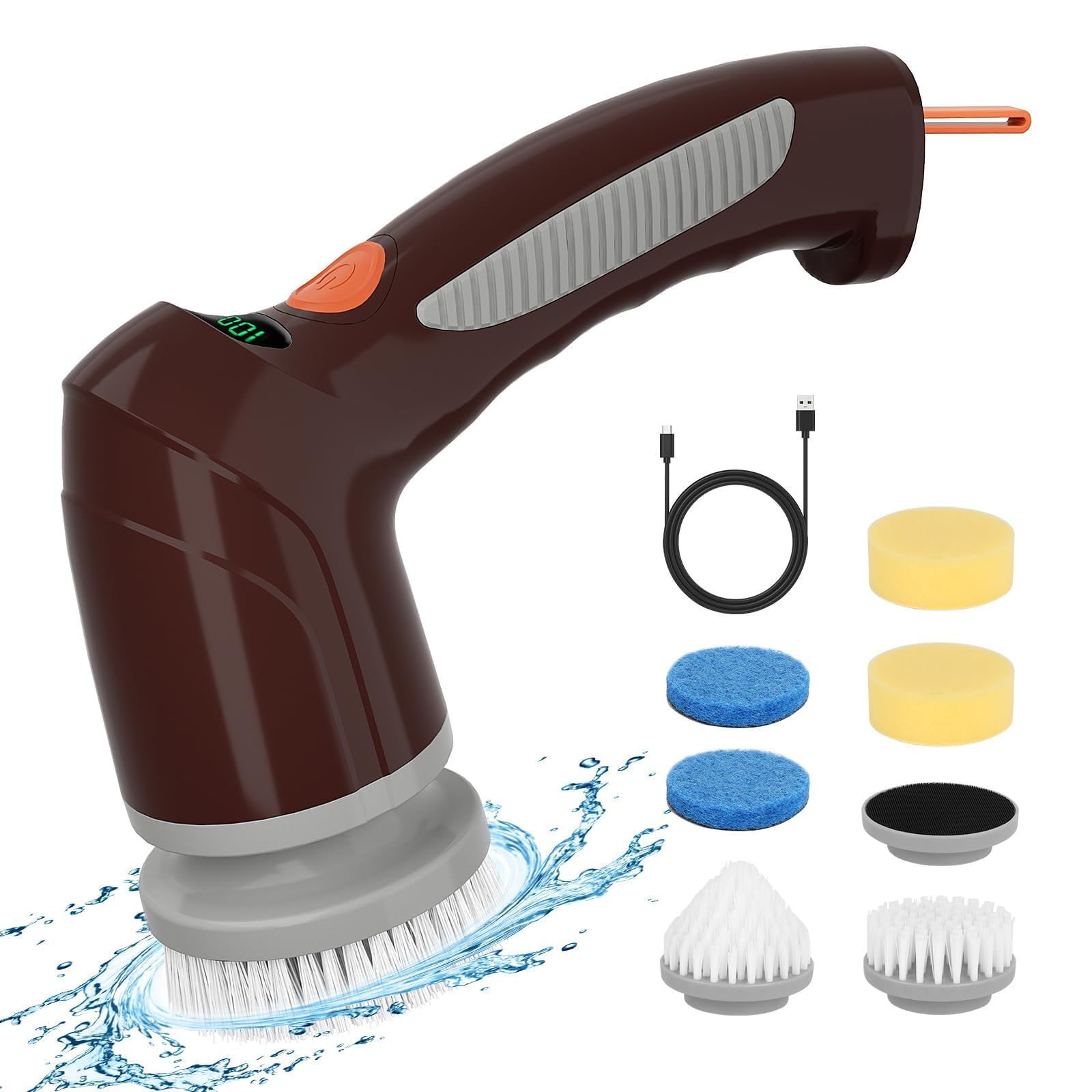 Sivomens Electric Spin Scrubber, Handheld Power Shower Scrubber with 6 Replaceable Heads & LED Display, Cordless Cleaning Brush Shower Cleane Brush for Cleaning Stove Tile Wall Bathroom Kitchen, Brown