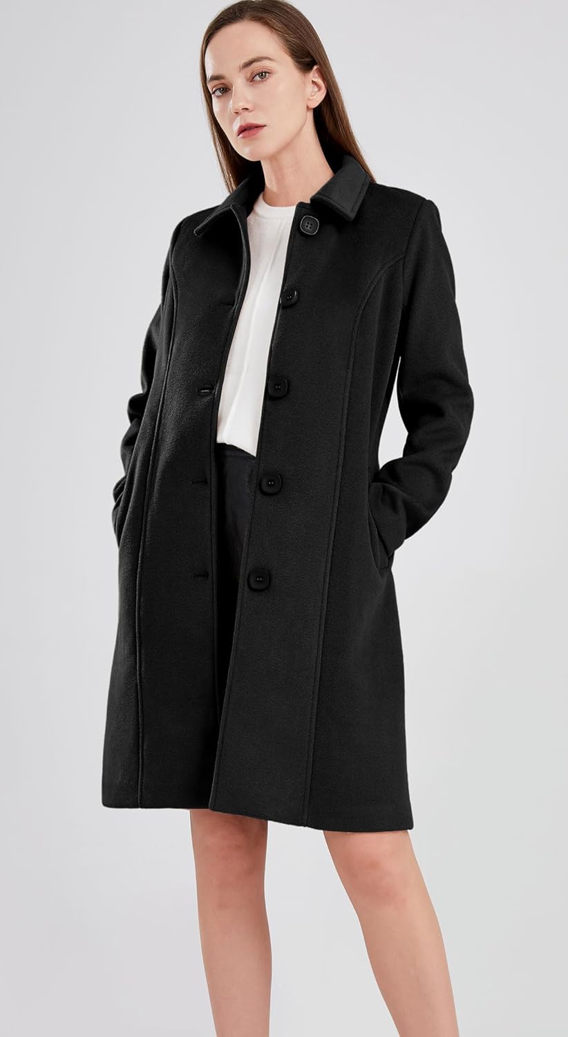 chouyatou Women's Fall Winter Elegant Single Breasted Long Wool Coat Overcoat Large Black