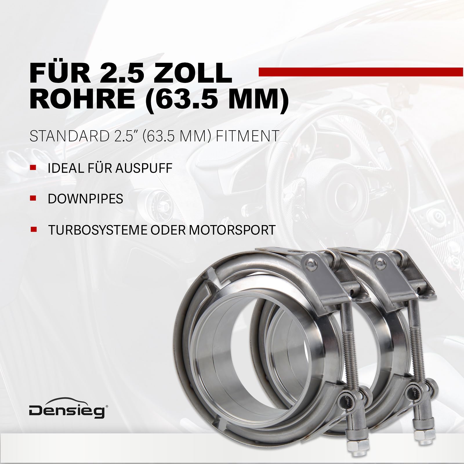 2 abrazaderas en V de 63,5 mm de diámetro + bridas – Kit de abrazadera de escape de acero inoxidable para turbo, tubo de escape descendente, cierre rápido, universal para deportes de motor y