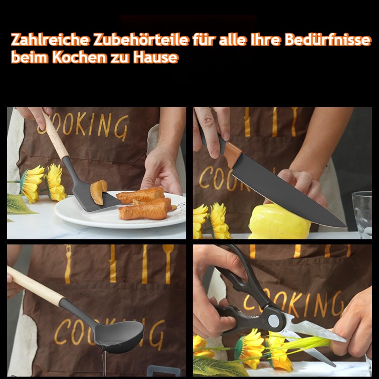19 Stück Küchenmesser Set,Silikon-Küchenutensilien-Set mit Holzgriffen, Hitzebeständige,mit 12 Kochutensilien,5 Messern,Schneidebrett und Halter,Spülmaschinengeeignet (Schwarz)