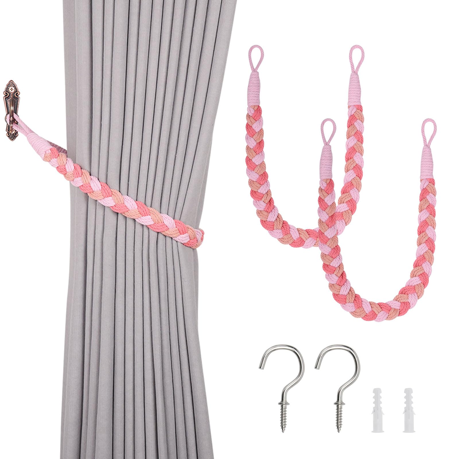 Pretty Jolly 2 Pack Natural Cotton Rope Curtain Tiebacks Elegant Boho Style Decorative Drape Tie Backs Soft Hand-Woven Rope Curtain Holdbacks with Metal Hook for Home & Office Drapery (Gradient Pink) — image 1