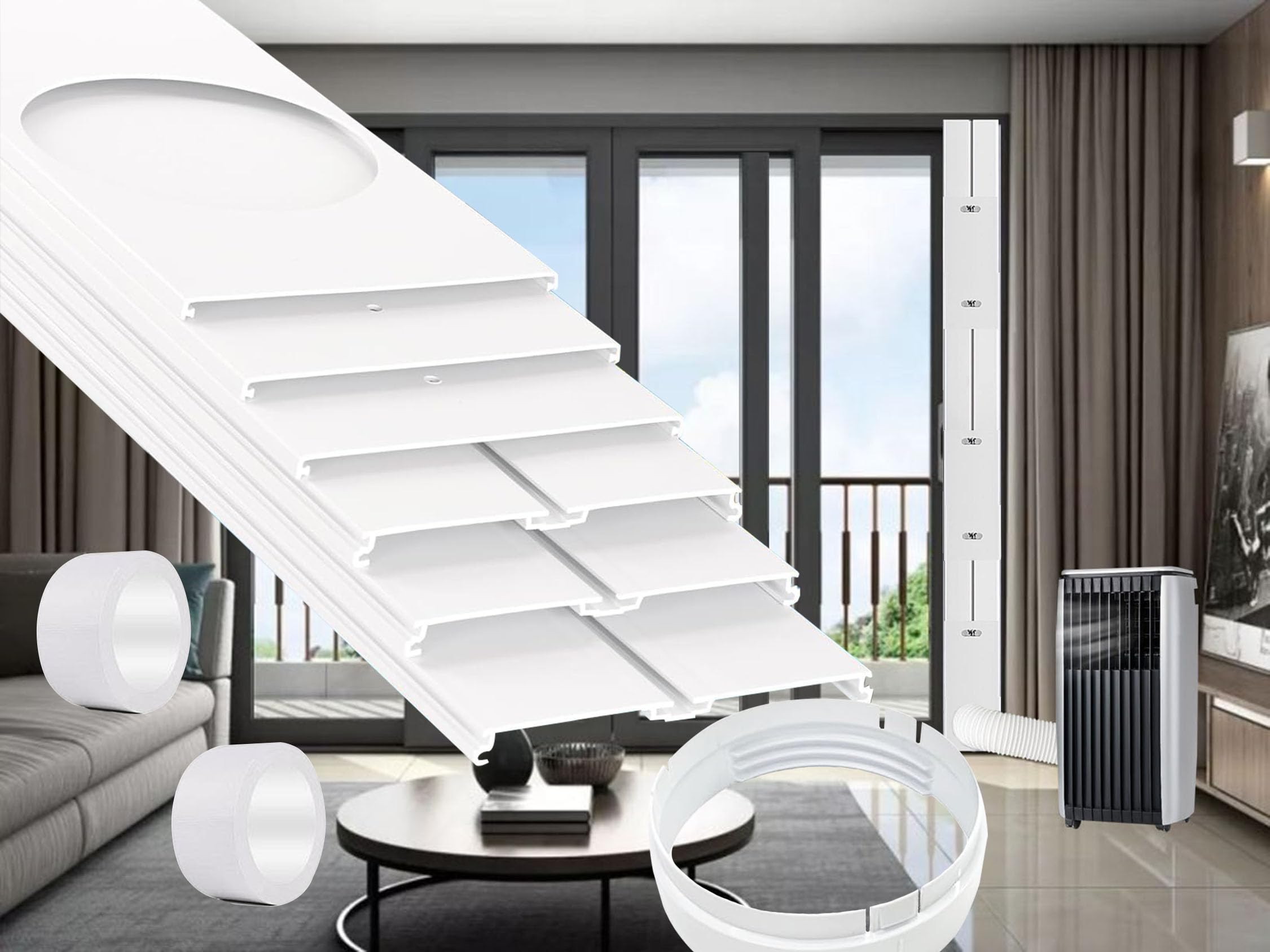 Sliding Door Air Conditioner Kit with Coupler for 5.9” Exhaust Hose,Portable Air Conditioner Sliding Door Vent Kit with 2pack 3m Sealing Tape Max Adjustable Length 95 Inch
