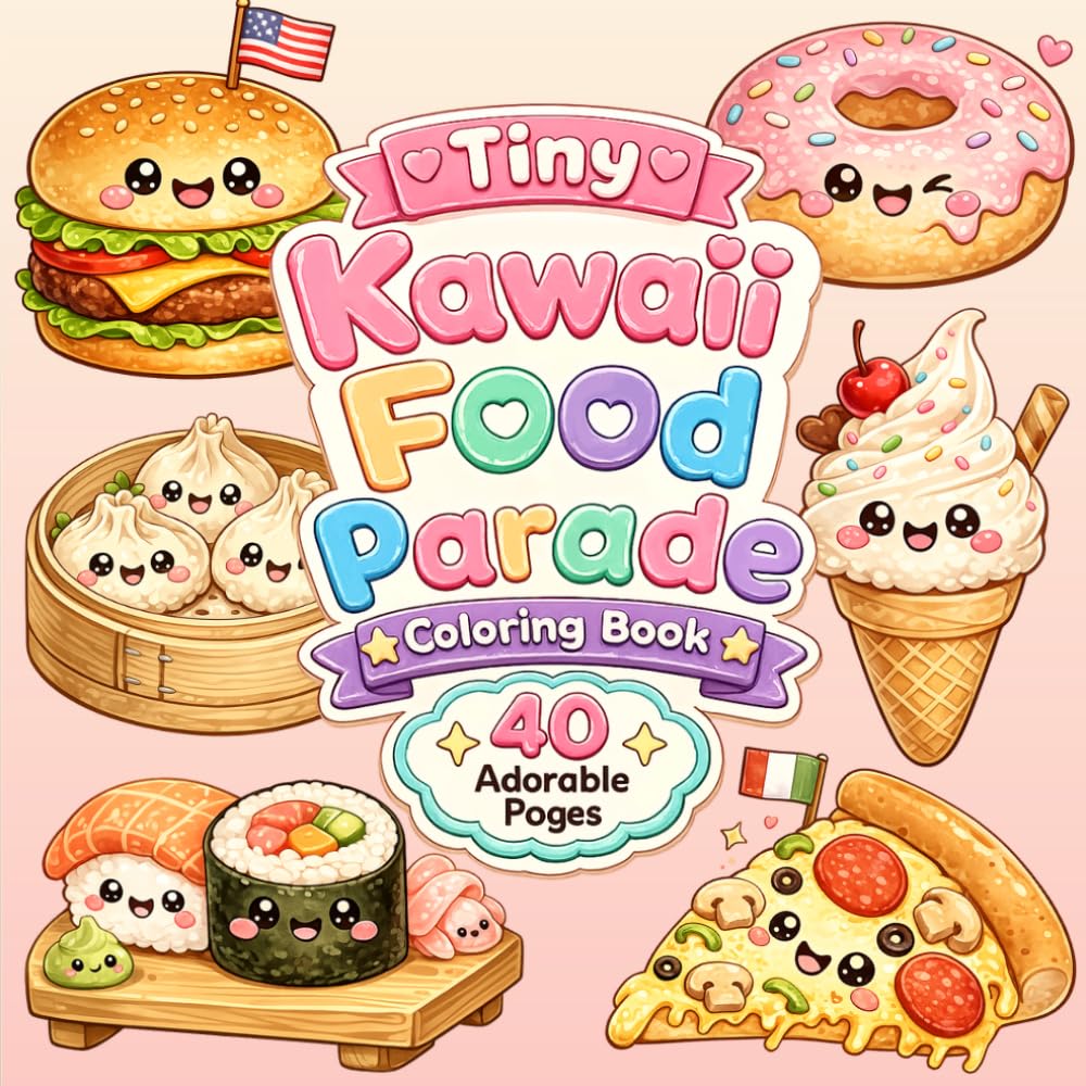 Tiny Kawaii Food Parade Coloring Book: Adorable International Food Friends for Relaxing and Creative Coloring