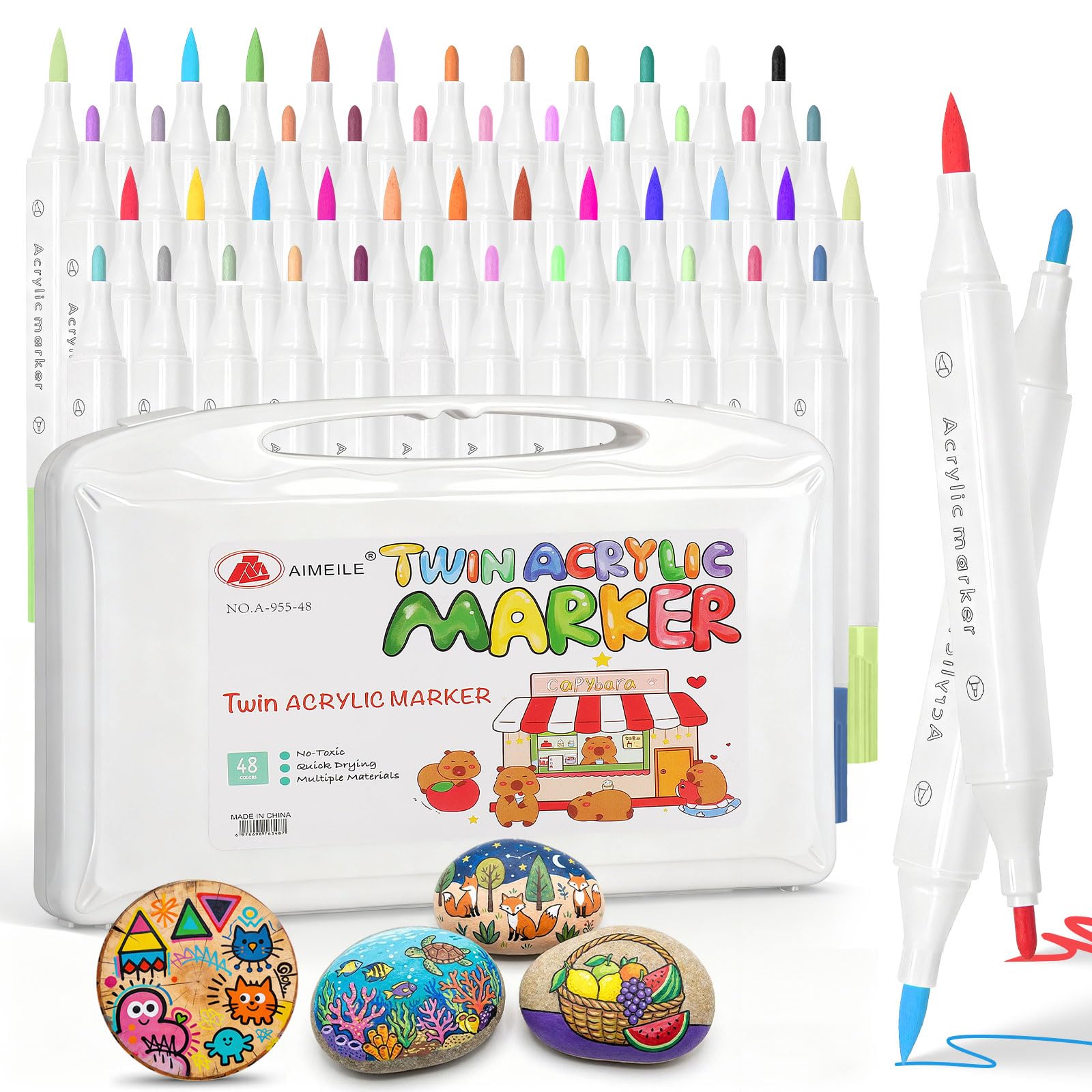 WSICSE 48 Color Acrylic Markers Paint Pens Set with Soft Brush Tips for Artists - Quick-Dry Waterproof Acrylic Paint Markers for Wood Glass Rock Canvas Ceramic Fabric DIY Crafts Gifts