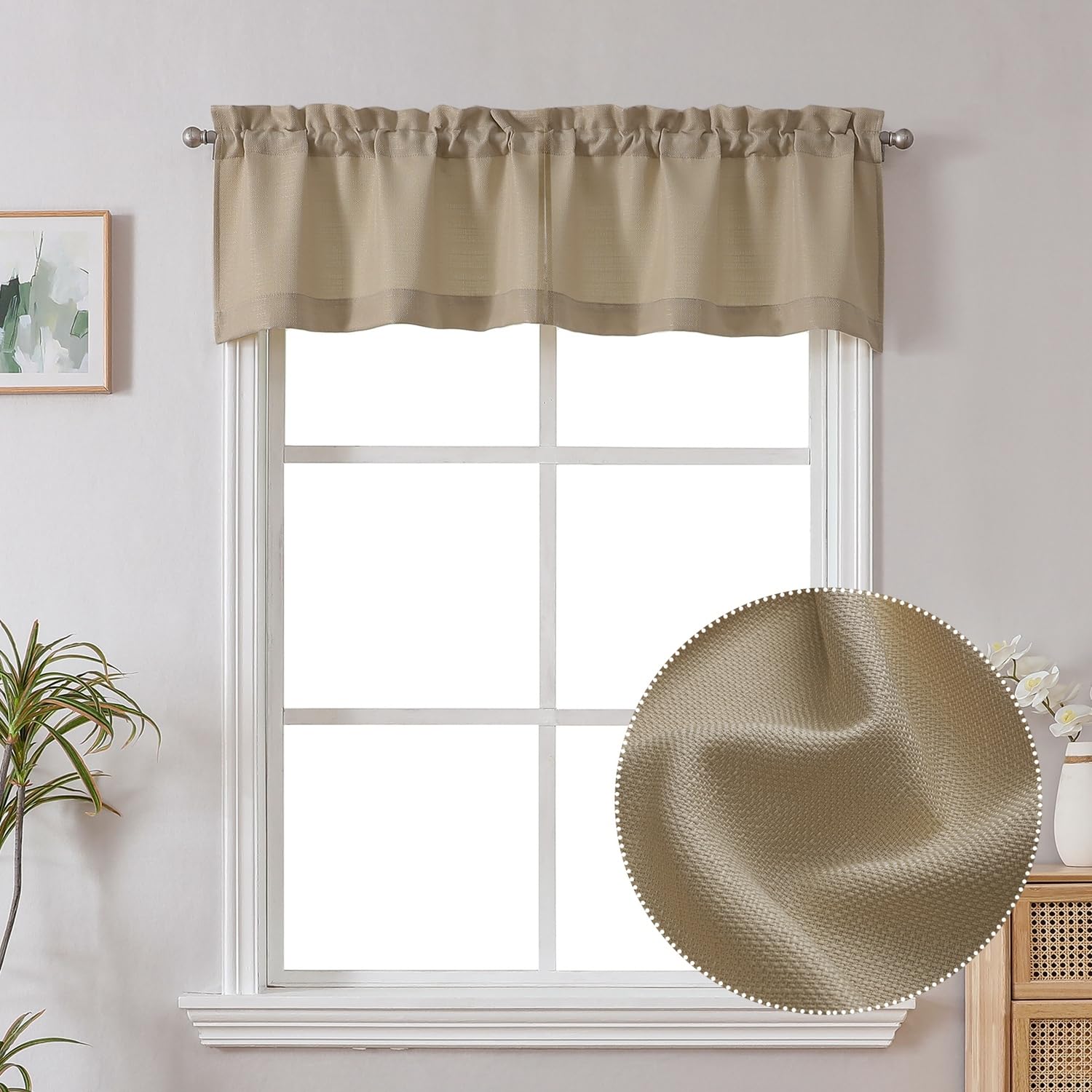 Chyhomenyc Camel Faux Linen Slub Textured Semi Sheer Small Window Kitchen Valance Curtain, Rod Pocket Cafe Valance for Bathroom Laundry Basement, 30Wx14L inch, 2 Piece โ image 1
